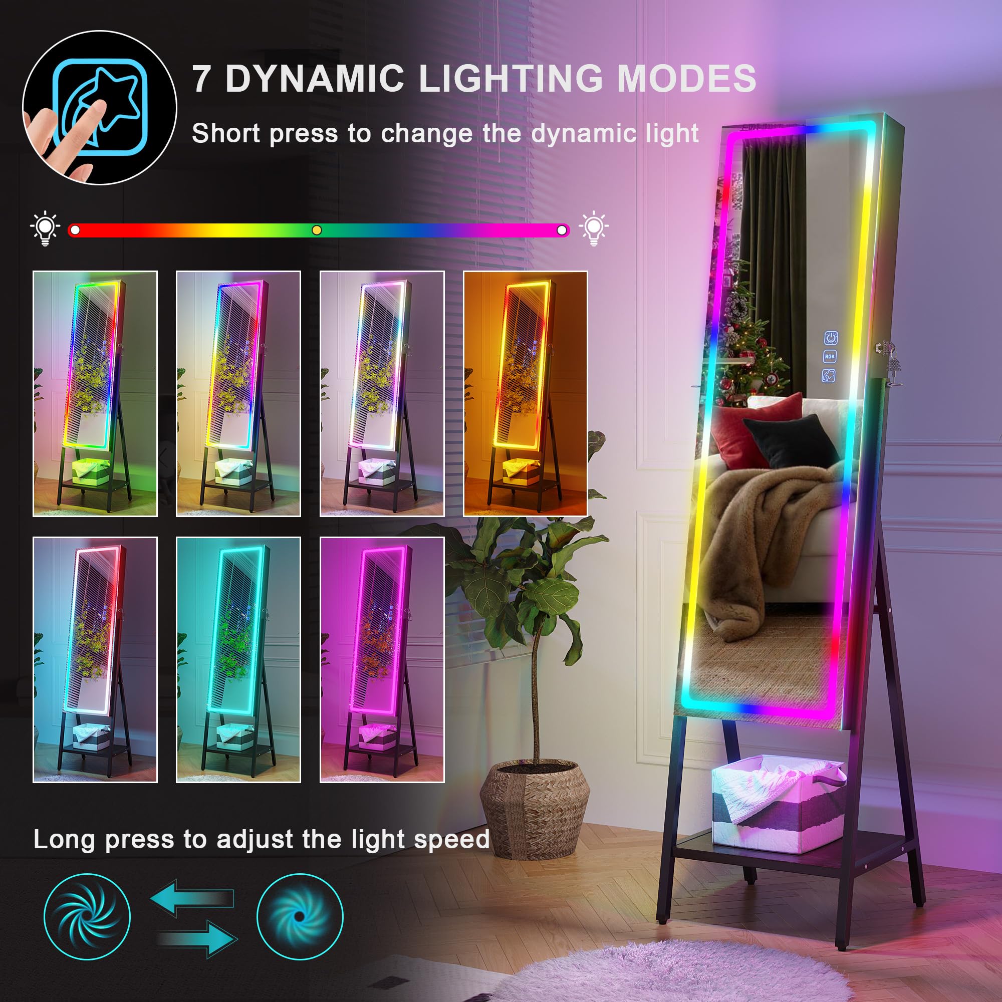 HNEBC RGB LED Mirror Jewelry Cabinet with 14 Lighting Modes - Full Length Standing Jewelry Armoire Organizer with Lockable Storage, Brown - Perfect Christmas Gift for Women | Bedroom Vanity Makeup & Jewelry Organization