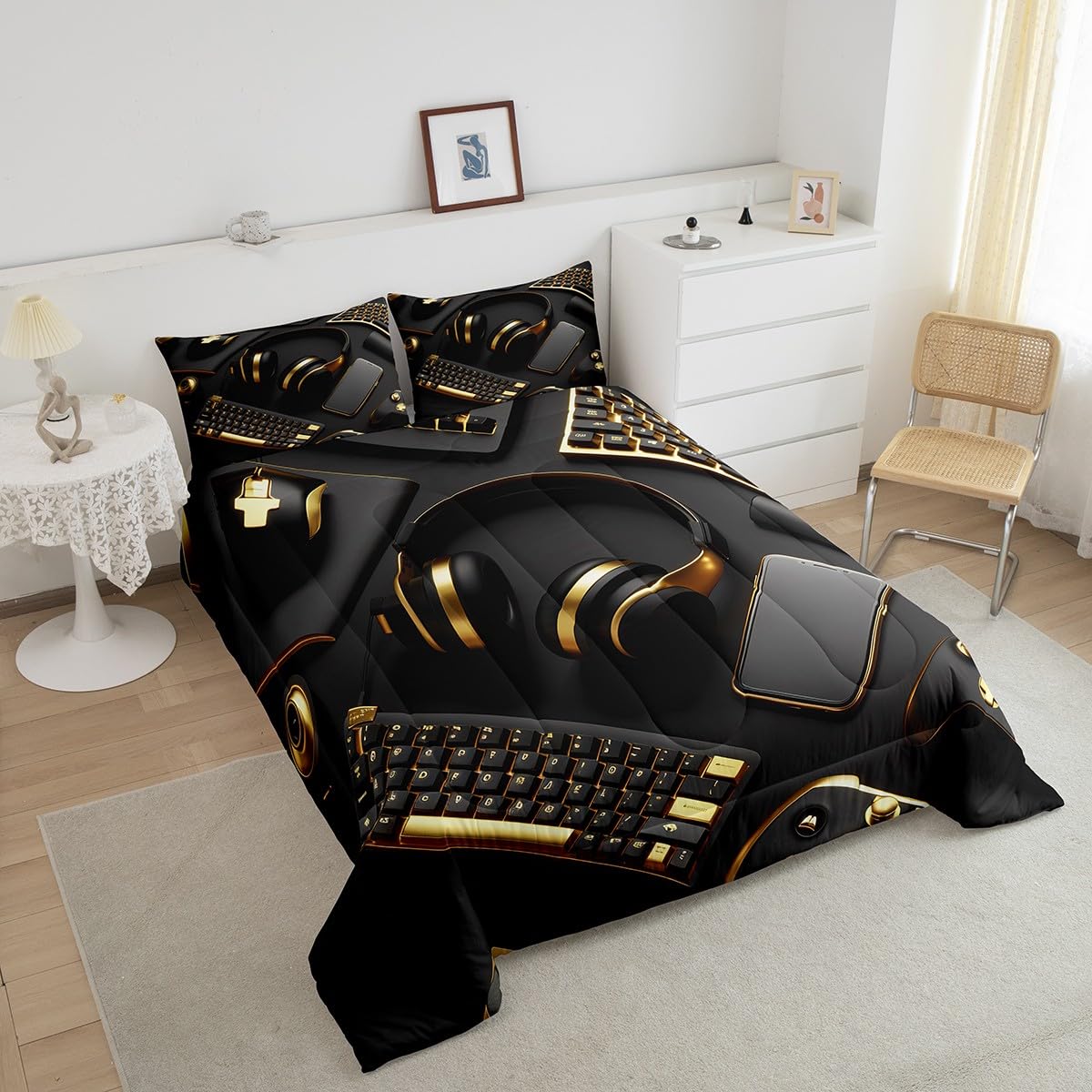 Erosebridal Boys Gaming Bedding Set Full Size - Cool Gamer Comforter Set for Teen & Toddler Boys, Golden Design - Perfect for Gaming Rooms, Sleepovers & Kids Bedrooms