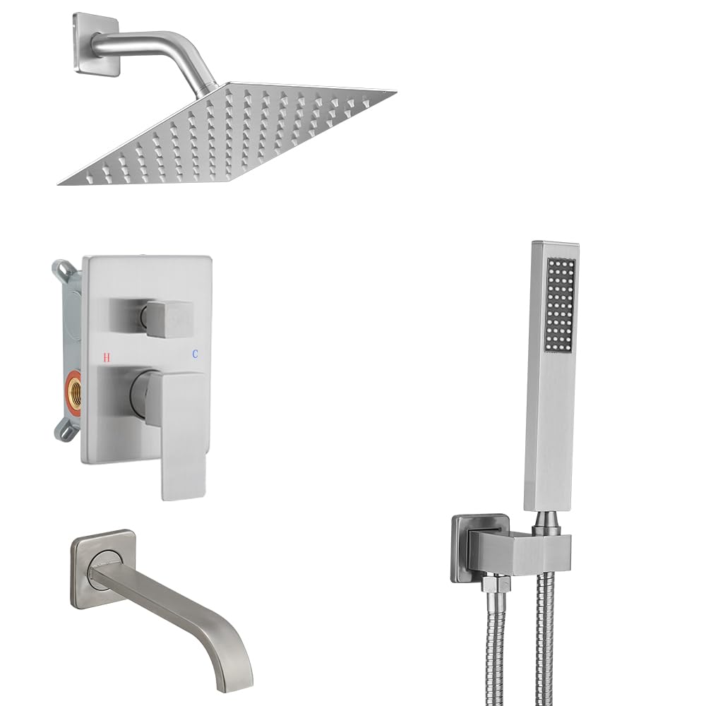 Premium Brushed Nickel Shower Faucet Set - 8 Inch Wall Mounted Shower Head with Handheld Sprayer, 3-Function Tub Spout & Valve Trim Kit for Bathroom Renovation - Perfect for Modern Homes, Luxury Hotels & Spa Retreats