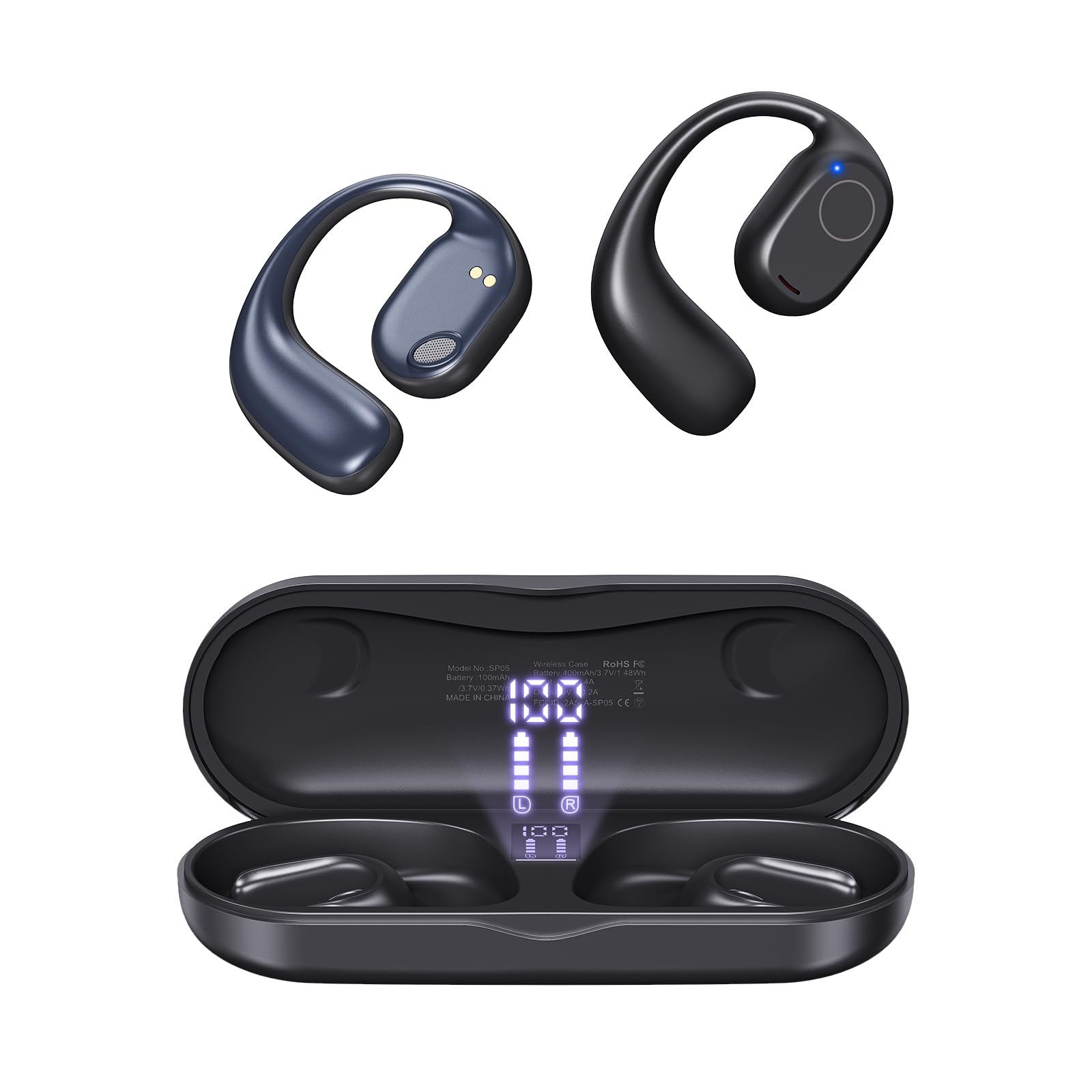 Open Ear Bluetooth Headphones - Wireless Earbuds with 40H Playtime, Air Conduction Technology & Built-in Mic | IPX6 Waterproof, Bluetooth 5.3, LED Display Charging Case | Comfortable Over-Ear Design with Secure Hooks for Running, Cycling & Workouts (Black)