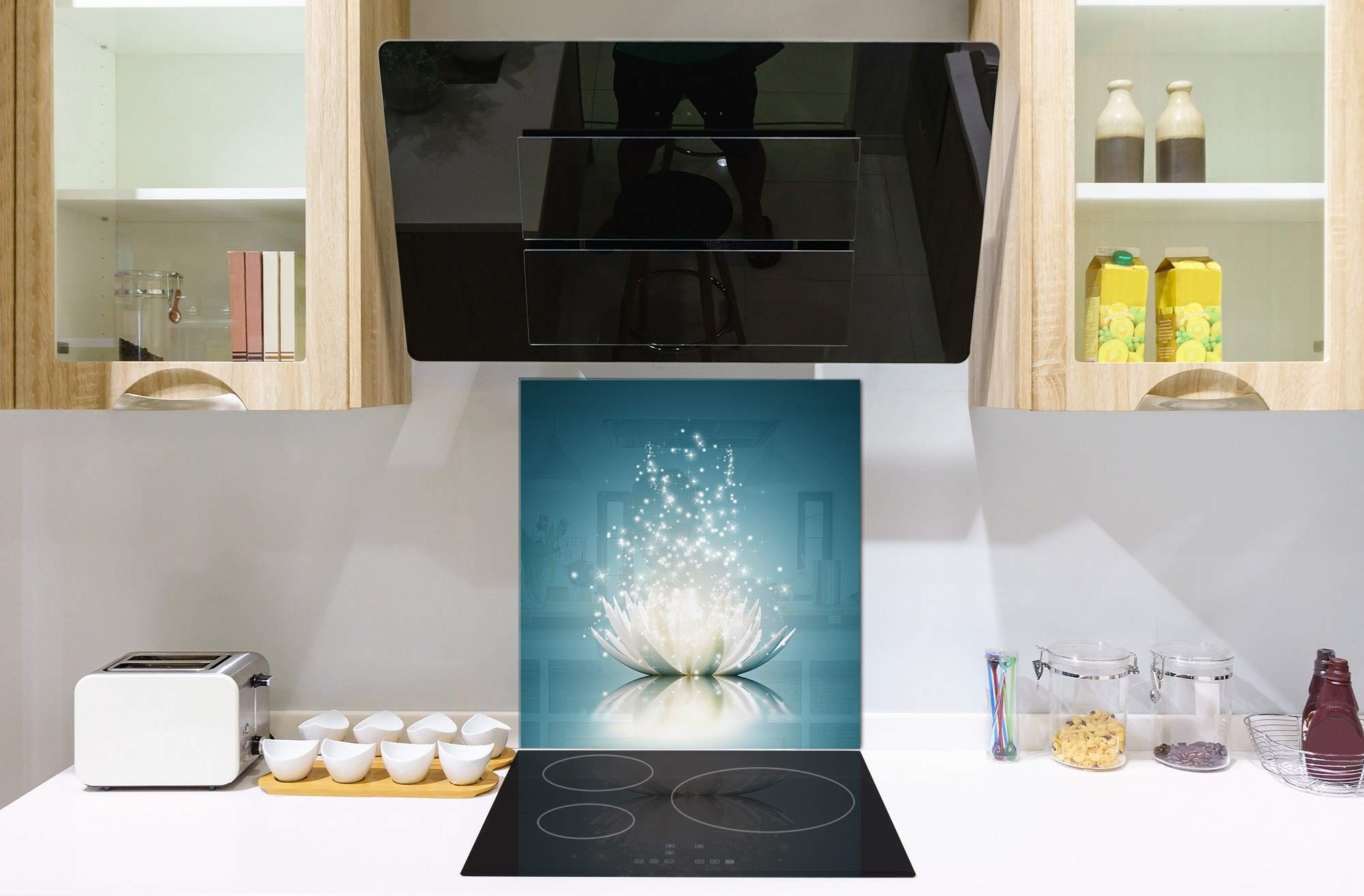 Concept Crystal Toughened Glass Backsplash - Art Glass Design Printed Glass Splashback BS 04 Dandelion & Flowers Series: Shining Water Lily | Modern Kitchen Backsplash for Home Decor & Protection
