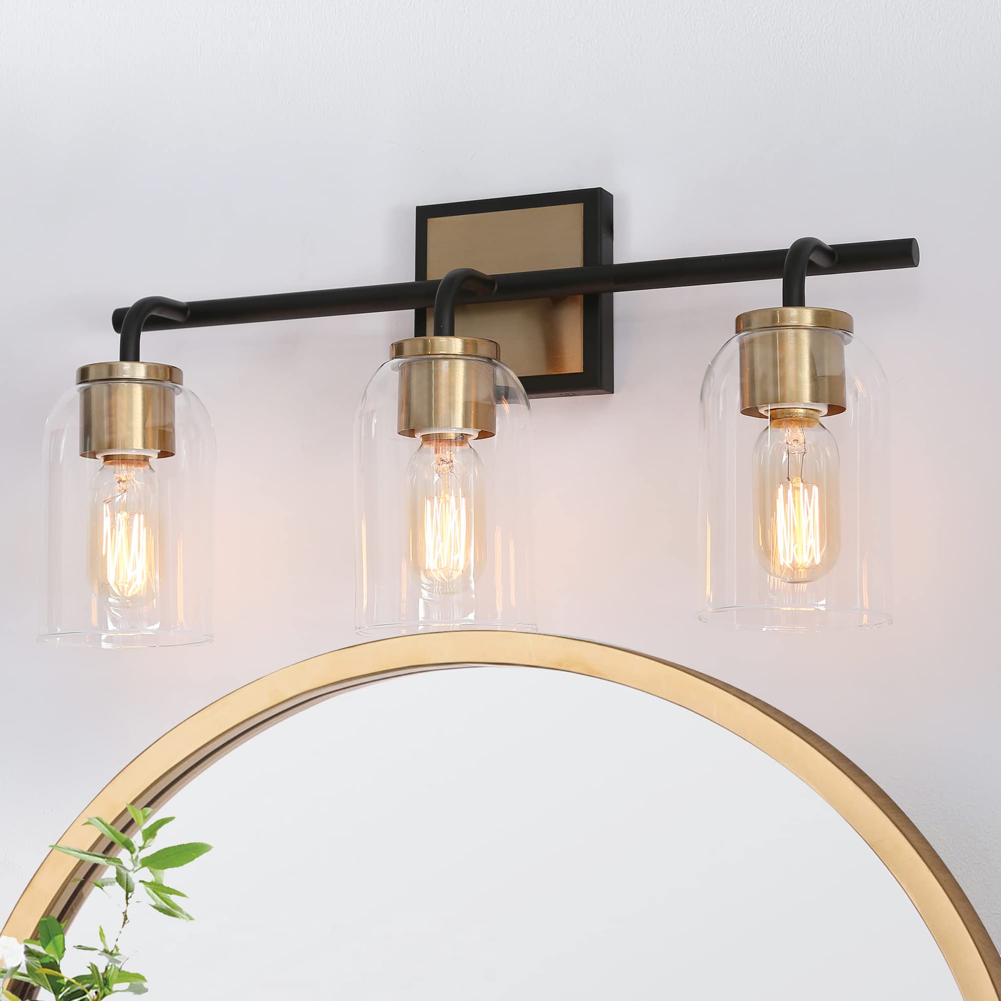 ZEVNI 3-Light Bathroom Vanity Light Fixture - Black & Gold Modern Sconce with Clear Cylinder Glass Shades, 19.5