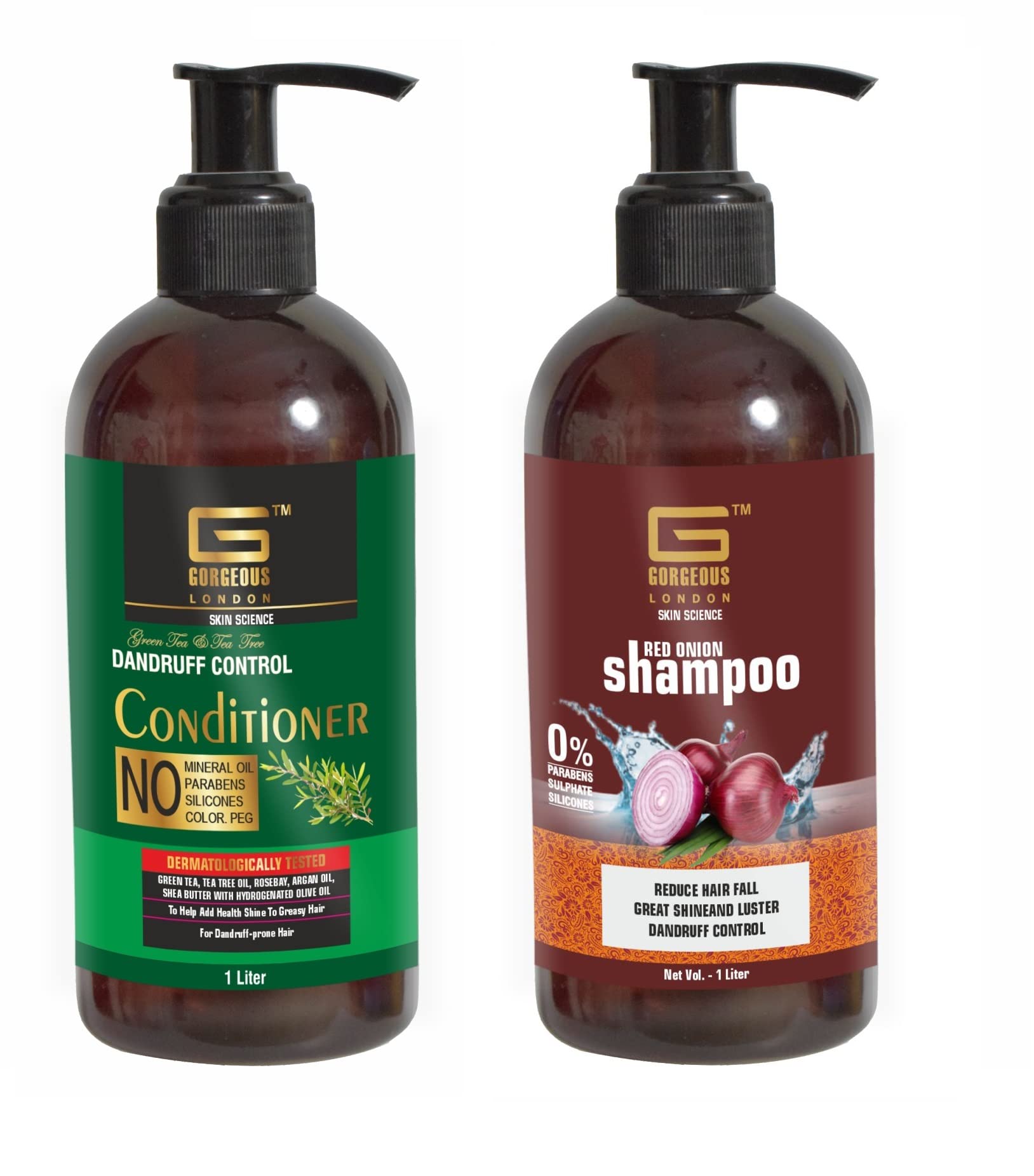 London Green Tea & Tea Tree Anti-Dandruff Conditioner 1L + Red Onion Shampoo 1L - Reduce Hair Fall, Promote Hair Growth, Add Shine, Sulfate & Silicone Free - For Dry, Itchy Scalp & Daily Hair Care