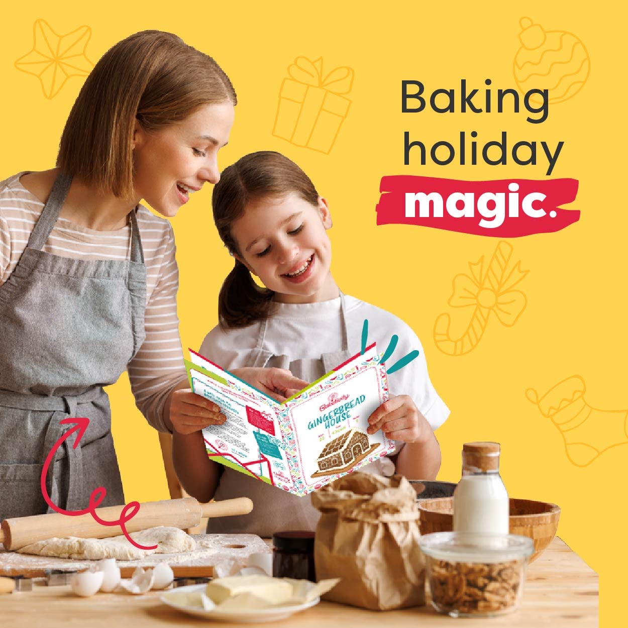 Baketivity Holiday Gingerbread House Baking Kit - DIY Edible Gingerbread House with Pre-Measured Ingredients - Fun Kids Baking Activity Set for Christmas Decorations & Family Bonding Time