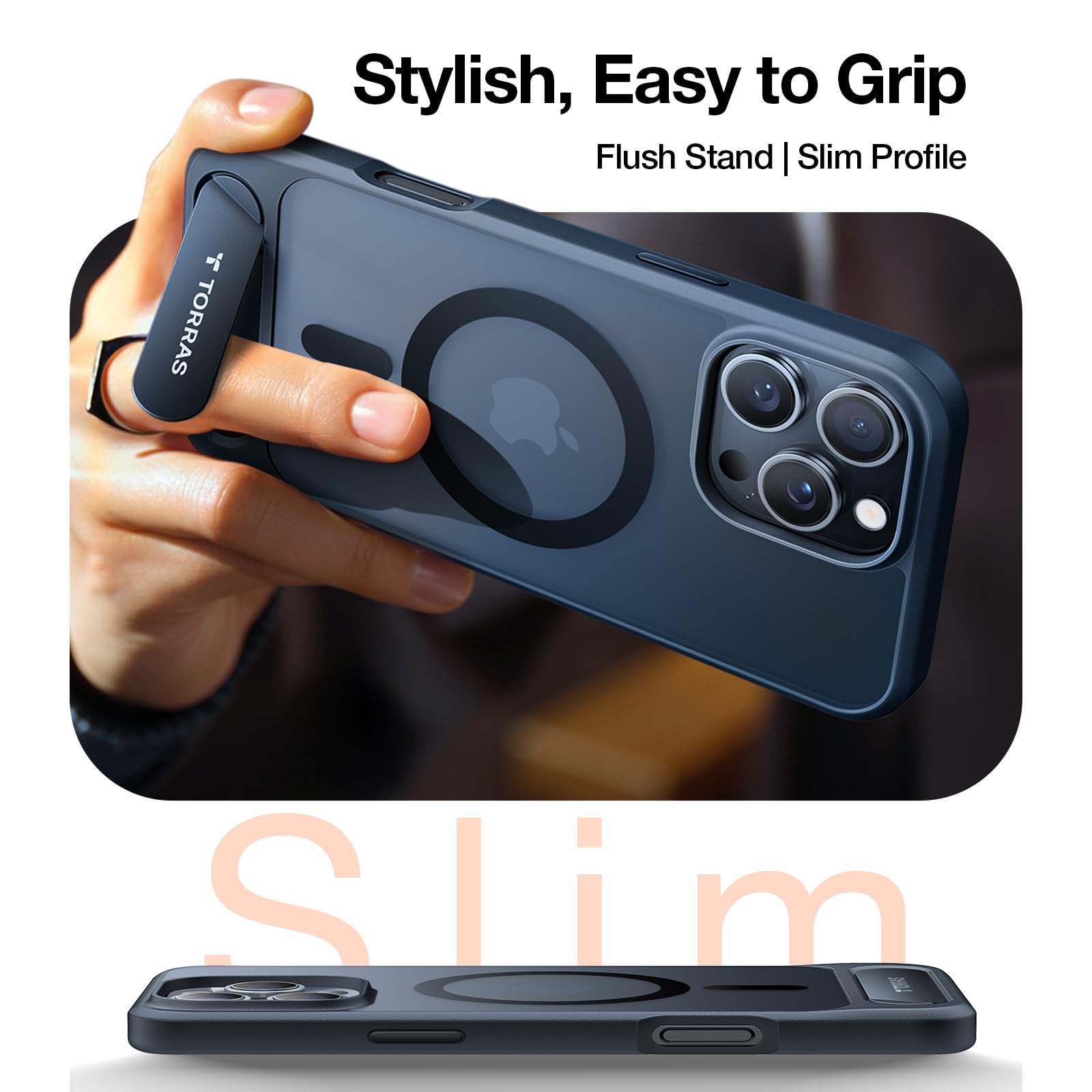 TORRAS Magnetic iPhone 16 Pro Max Case with Kickstand - Slim Matte Black for Work & Travel