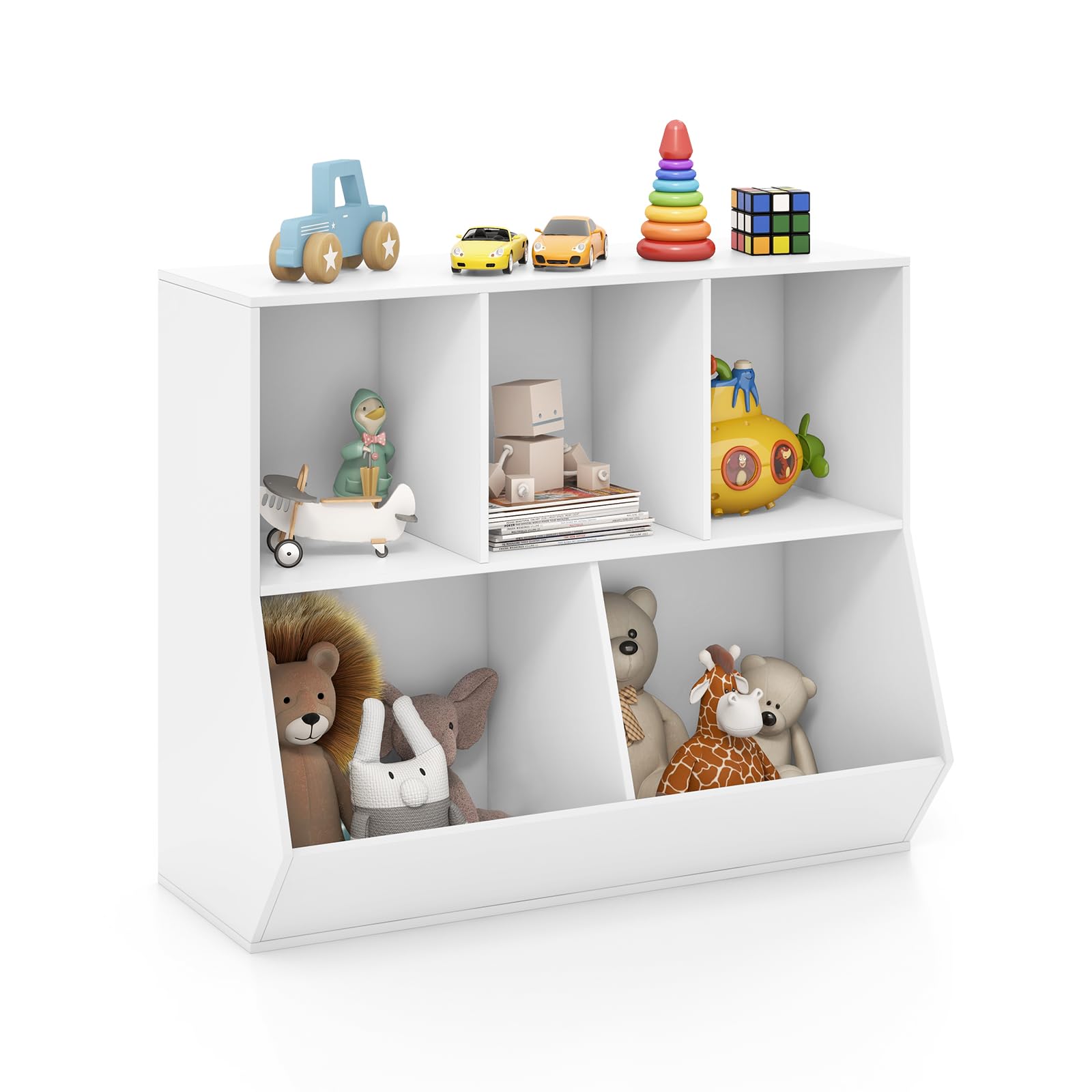 COOURIGHT 5-Cubby Wooden Toy Storage Organizer with Bookshelf - Kids Toy Cabinet for Playroom, Bedroom, Nursery, Living Room, Hallway, Kindergarten & School - Perfect for Organizing Toys, Books & Decor