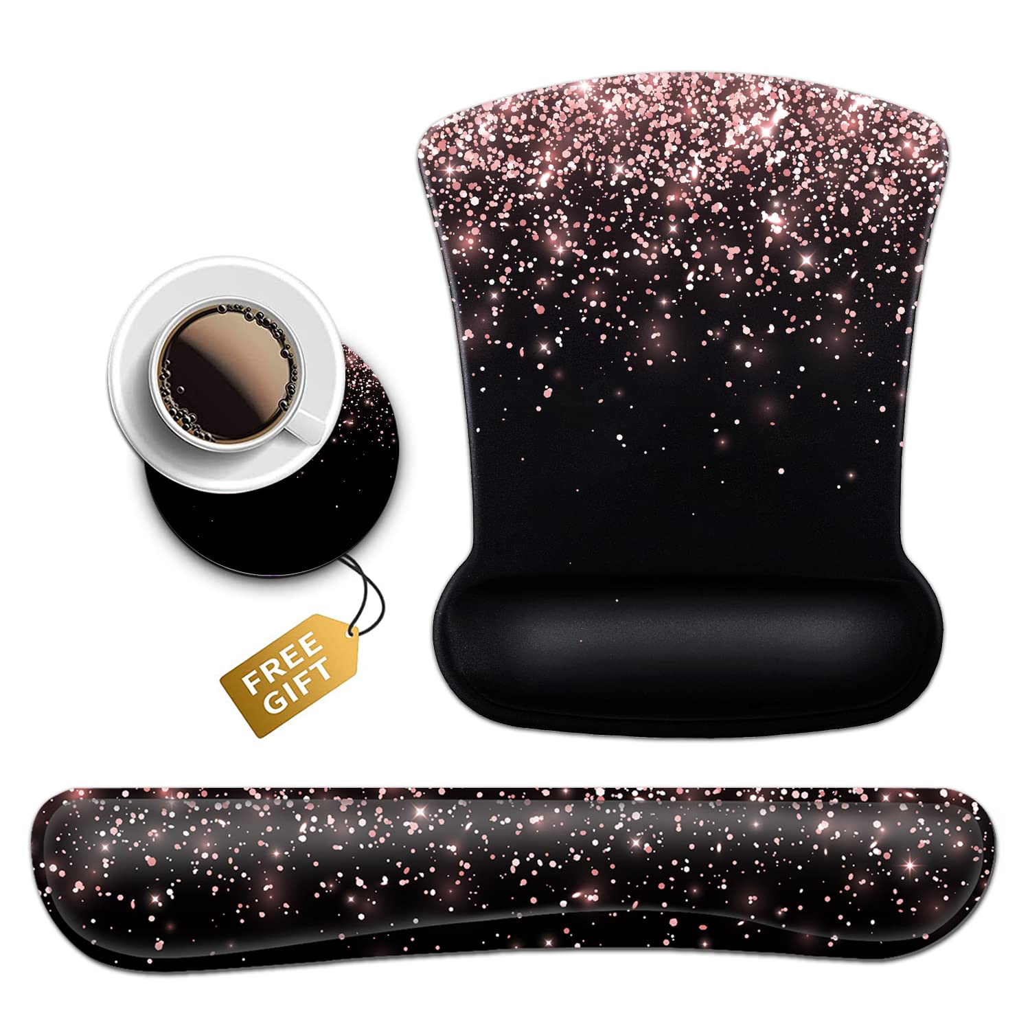 Ergonomic Gel Mouse Pad with Wrist Support - Soft Memory Foam Keyboard Wrist Rest for Office Typing & Gaming - Rose Gold Glitter & Black Dirt-Resistant Design - Perfect for Home Office, Computer Workstations & Long Gaming Sessions