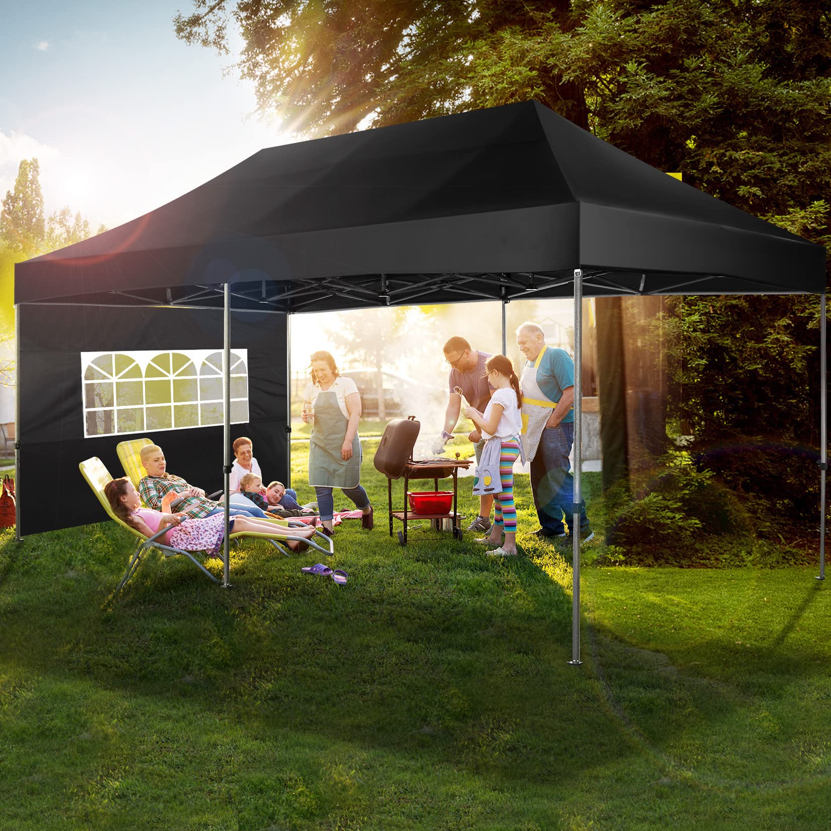 COBIZI 10x20 Heavy Duty Pop Up Canopy Tent with 6 Sidewalls - UPF 50+ Waterproof All-Weather Commercial Gazebo for Outdoor Weddings, Parties & Events - Includes Roller Carry Bag (Black)
