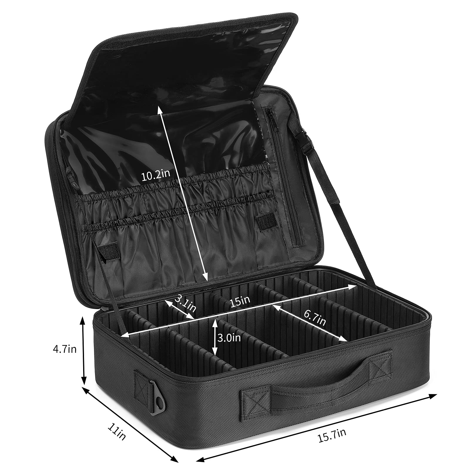 Vlando Large Makeup Bag Organizer for Women - Adjustable Dividers Travel Cosmetic Case for Brushes, Lipstick, Facial Masks - Black | Perfect for Travel, Home Storage & Salon Use