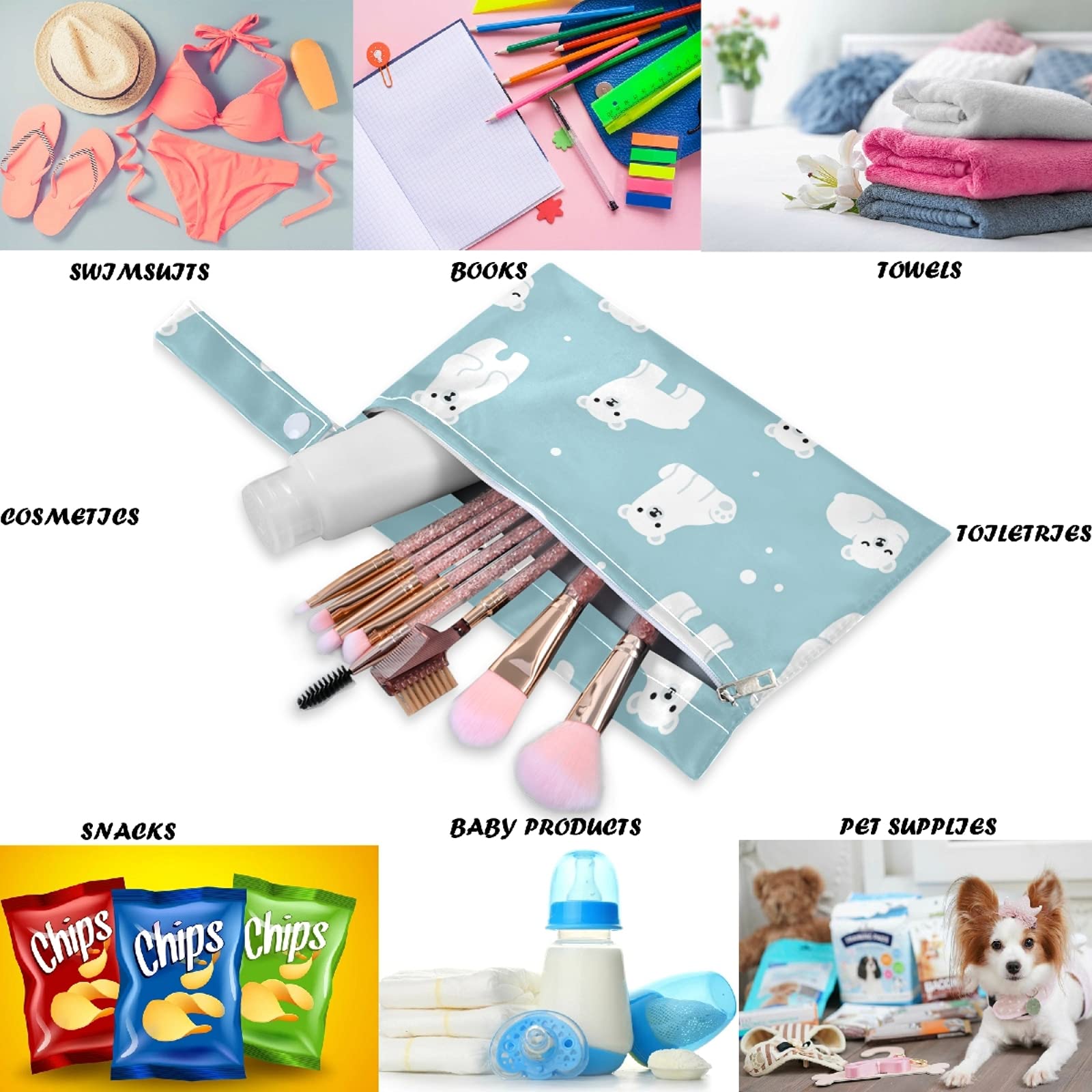 Visesunny 2-Pack Bear Print Wet Bags - Waterproof Reusable Zipper Pouch for Swimsuits, Gym Clothes & Diapers - Perfect for Travel, Beach, Pool, Daycare & Stroller Organization - Machine Washable Storage Solution