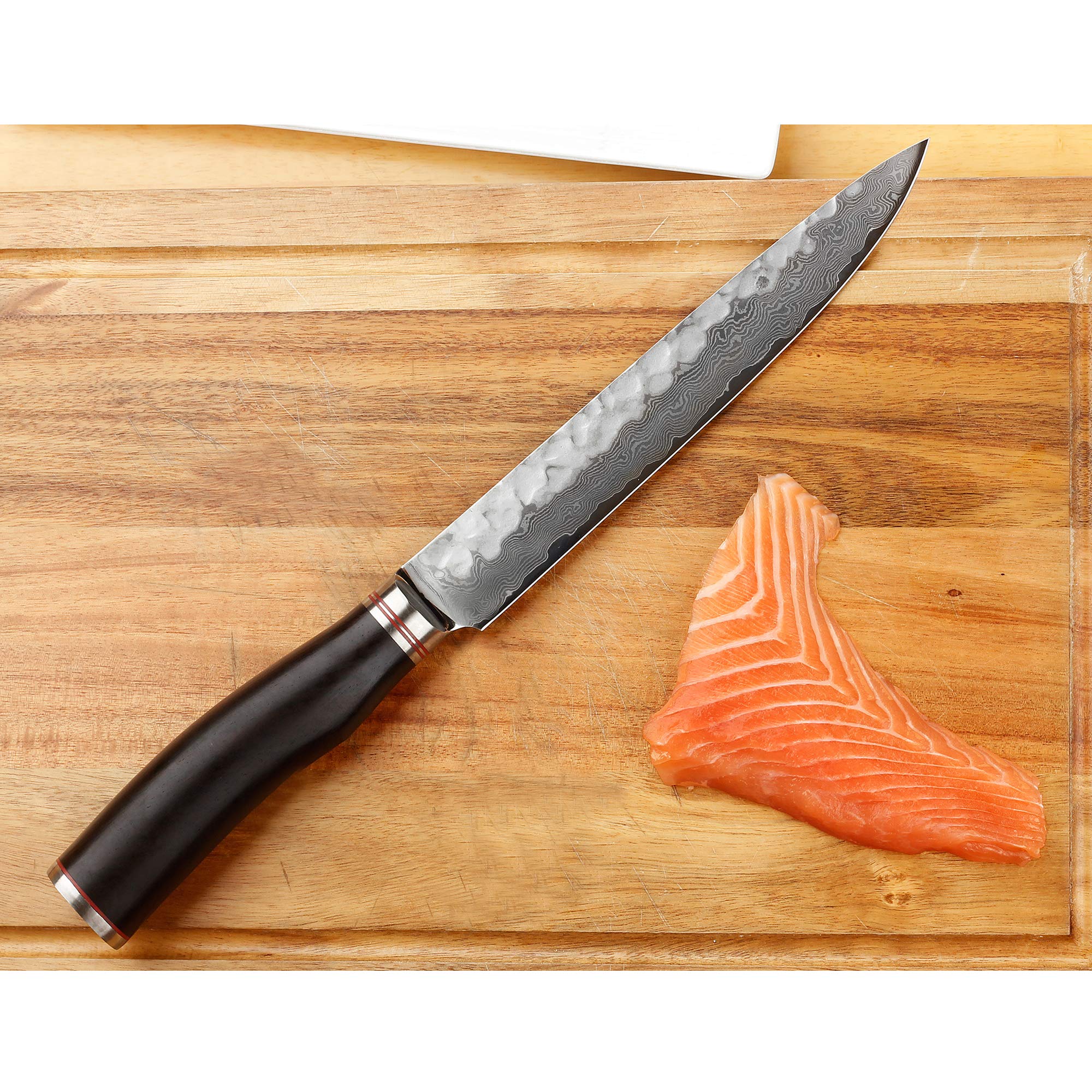 Premium 8 Inch Japanese Damascus Carving Knife - Handcrafted Hammered Steel Blade with Natural Leadwood Handle & Leather Sheath - Perfect for Slicing Meat, Vegetables & Culinary Arts