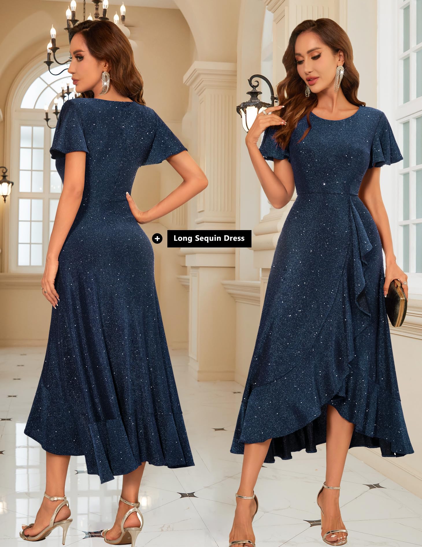 BeryLove Women's Sparkly Sequin Formal Party Dress with Flutter Short Sleeves - Elegant Wedding Guest, Cocktail, Evening Gown for Prom, Homecoming, Black Tie Events