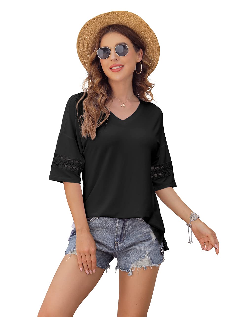 Feiersi Women's 3/4 Sleeve V-Neck Casual T-Shirt - Soft Breathable Tunic Top for Everyday Wear, Work & Outfits