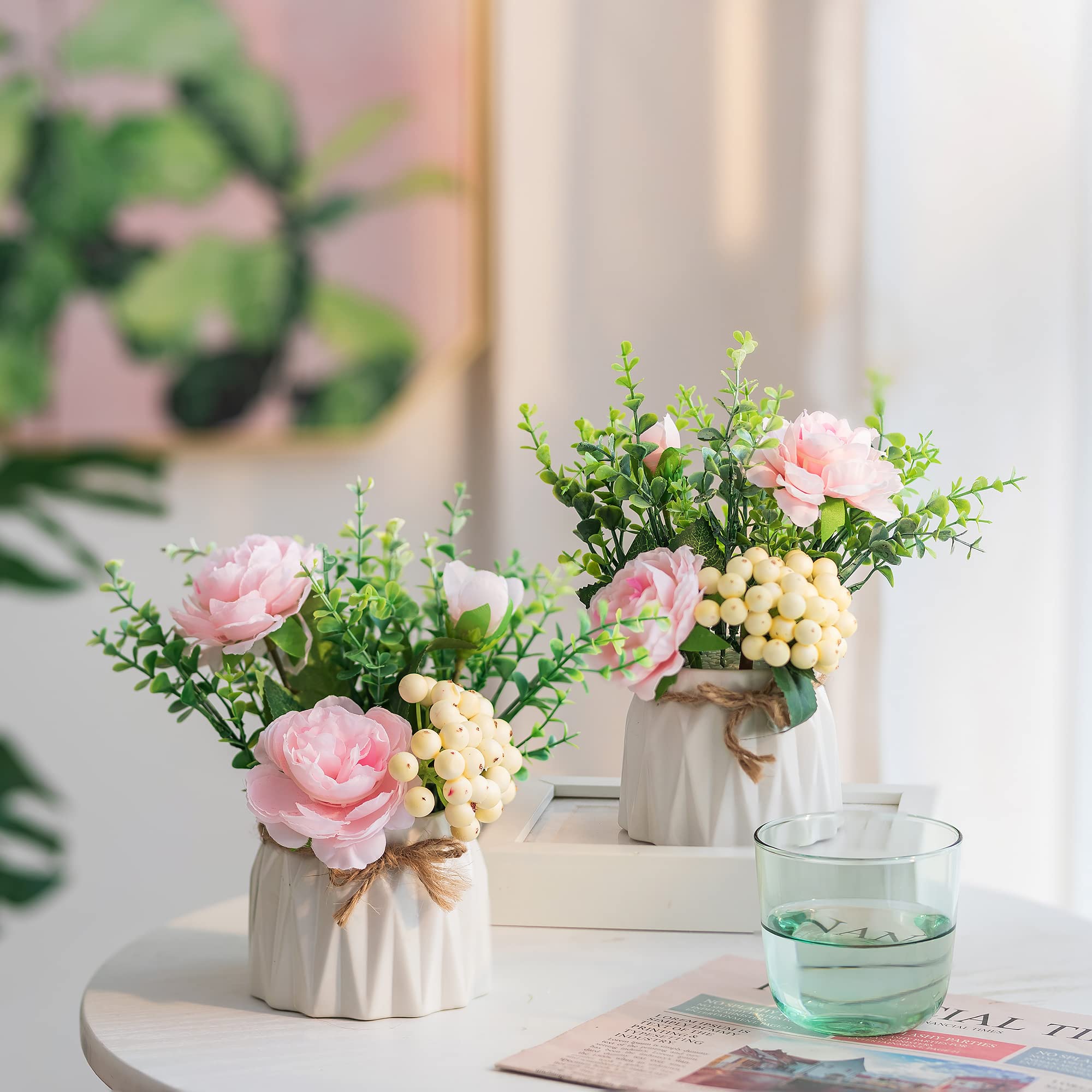 BLOSMON 2-Pack Artificial Pink Silk Roses in Vase - Small Fake Flower Arrangement for Table Centerpieces, Kitchen, Dining Room & Coffee Table Decor - Perfect for Home, Wedding, Office & Party Decorations
