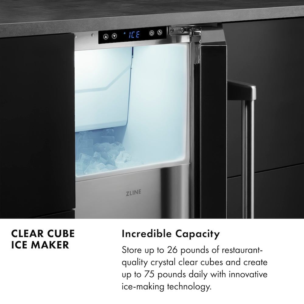 ZLINE 15 Inch Clear Cube Ice Maker with Drain Pump - Stainless Steel Door Commercial Ice Machine for Restaurants, Bars, and Home Use (ICCD ST 15)