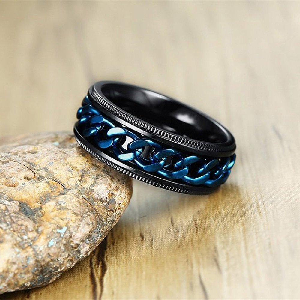 8mm Stainless Steel Spinner Ring for Men - Black & Blue Wedding Band with Grooved Edge - Perfect for Gifts, Engagements, and Everyday Wear