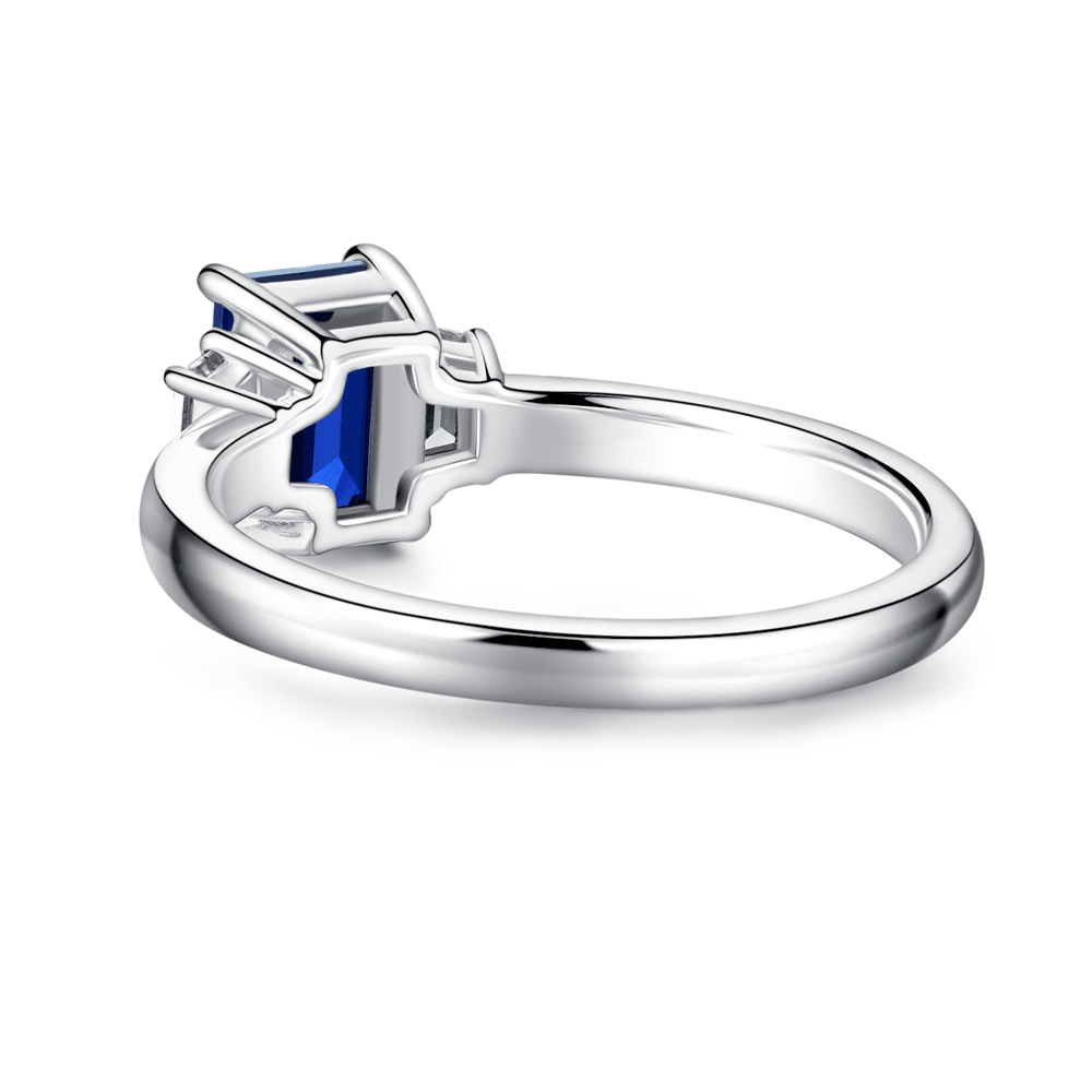 Exquisite Emerald Cut Blue Sapphire & White Sapphire Three Stone Ring – Elegant Jewelry for Engagement, Wedding & Special Occasions