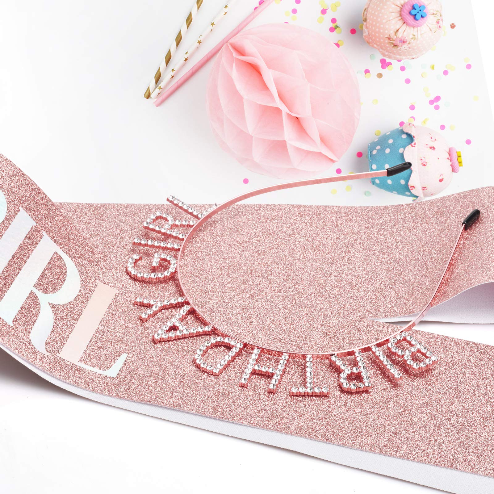 Rose Gold Birthday Crown & Tiara Set for Women - Rhinestone Princess Headband & Sash - Elegant Birthday Girl Accessories for Parties, Bachelorette, Bridal Showers & Special Celebrations