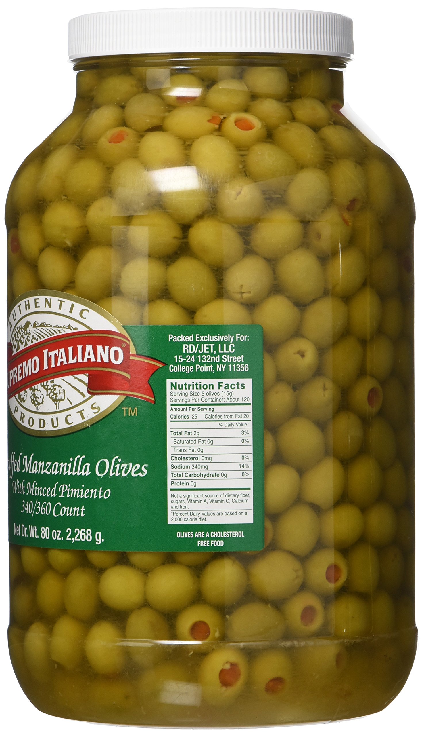Supremo Italiano Stuffed Manzanilla Olives - 80oz (5lbs) Large Jar | Gourmet Spanish Olives Stuffed with Pimientos | Perfect for Charcuterie Boards, Martini Garnish & Mediterranean Cooking