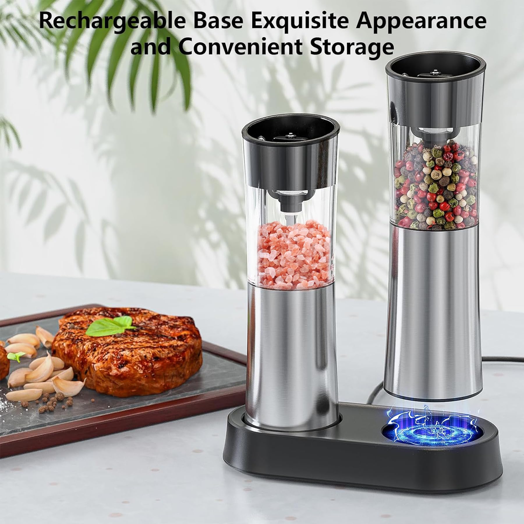 Premium USB Rechargeable Electric Salt and Pepper Grinder Set - Automatic One-Hand Operation, Adjustable Coarseness, Large Capacity Stainless Steel Mill with LED Light - Perfect for Kitchen, Dining Table, Camping & Gifting