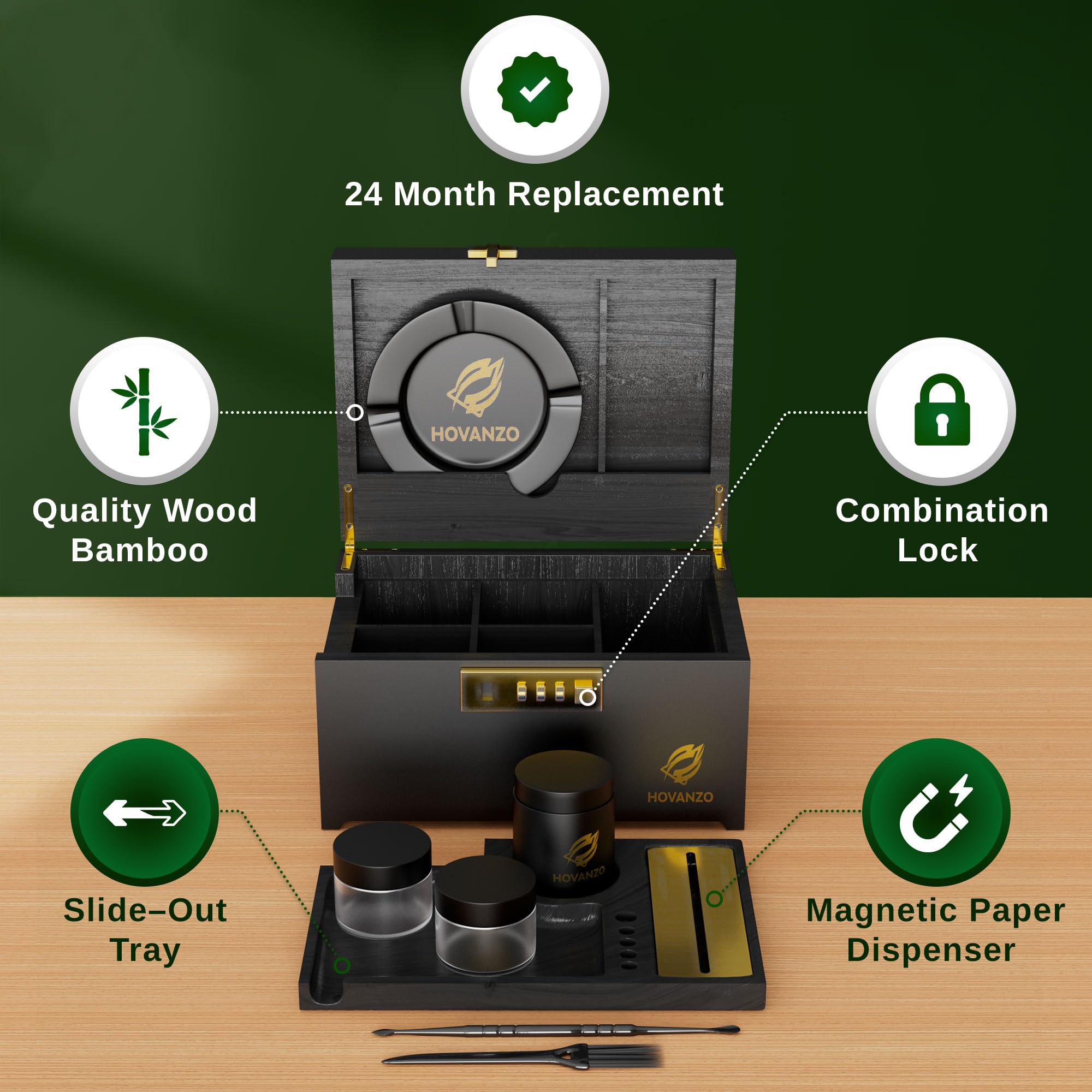 Premium Large Bamboo Storage Box with Combination Lock - Decorative Wooden Locking Box with Rolling Tray & Accessories - Ideal for Jewelry, Cash, Documents & Home Organization (Black)