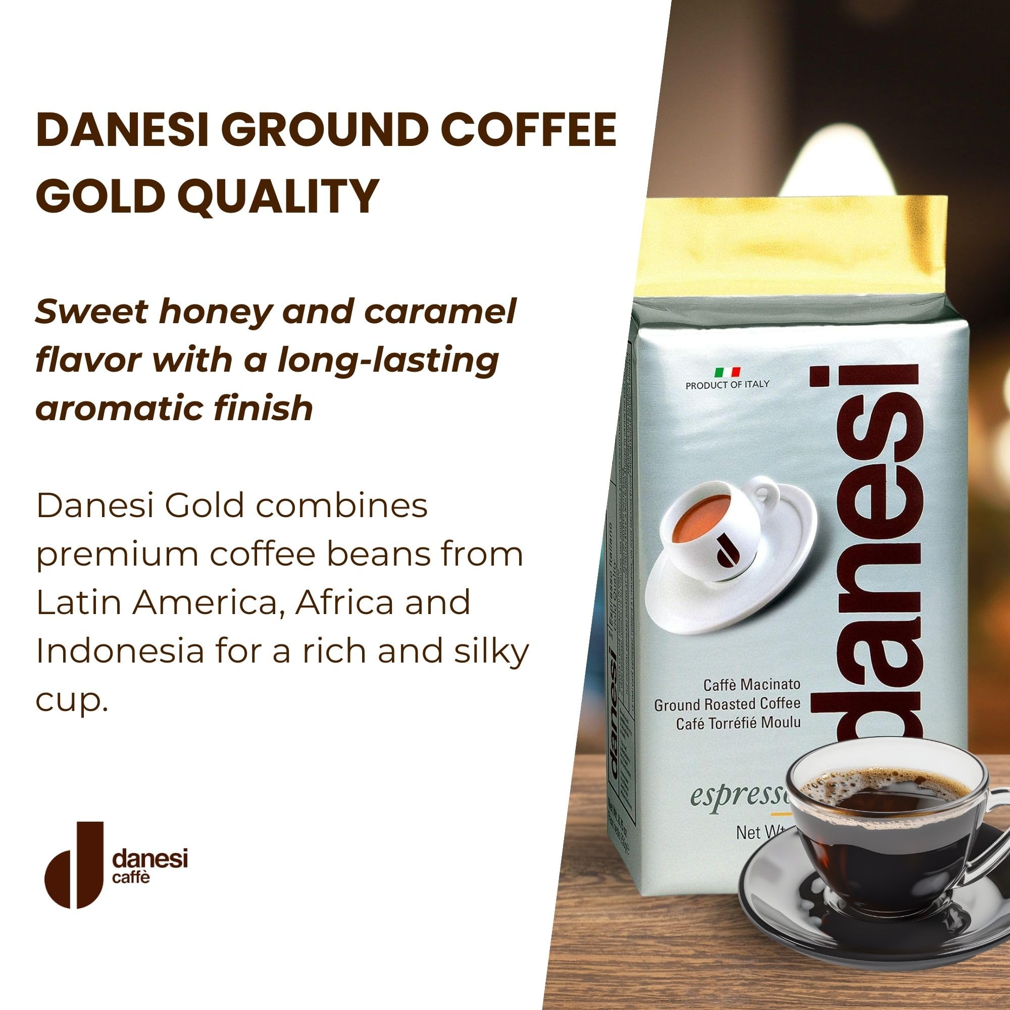 Danesi Caffe Italian Ground Coffee - Premium Medium Roast Espresso Blend for Moka Pot, French Press & Drip Coffee Makers - Rich Aroma & Smooth Taste - Perfect for Home Brewing, Office Use & Gifts (8.75 oz Pack)