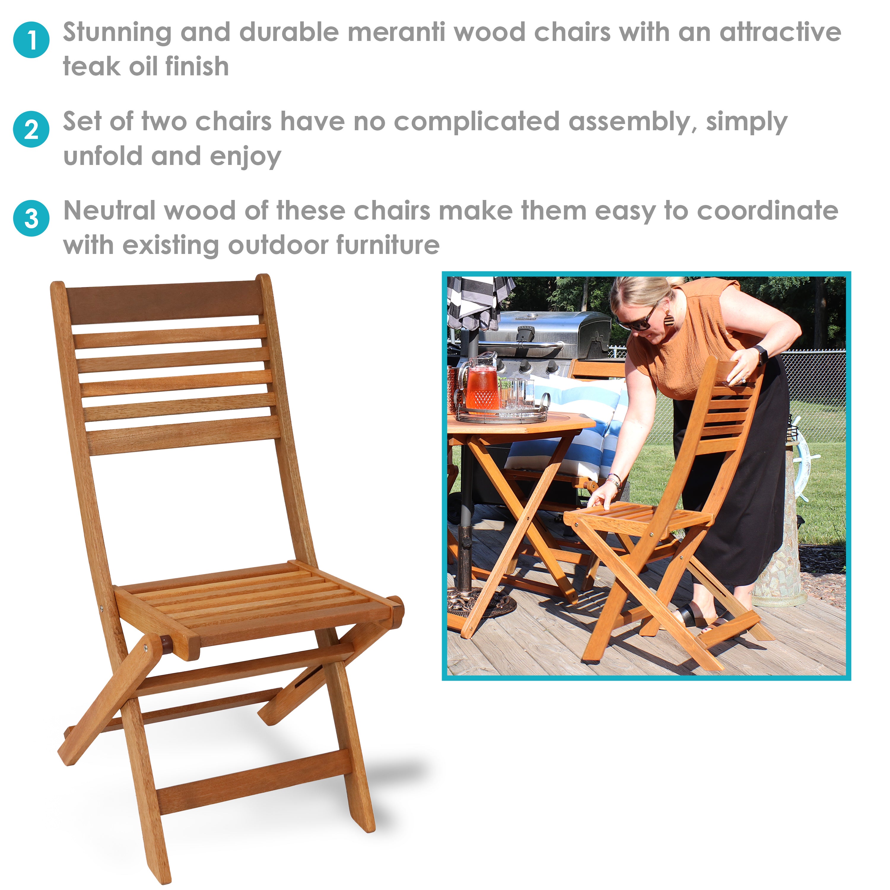 Sunnydaze Meranti Wood Outdoor Folding Patio Chairs Set of 2 - Durable & Comfortable Garden Furniture for Poolside, Backyard, Deck, and Patio Relaxation