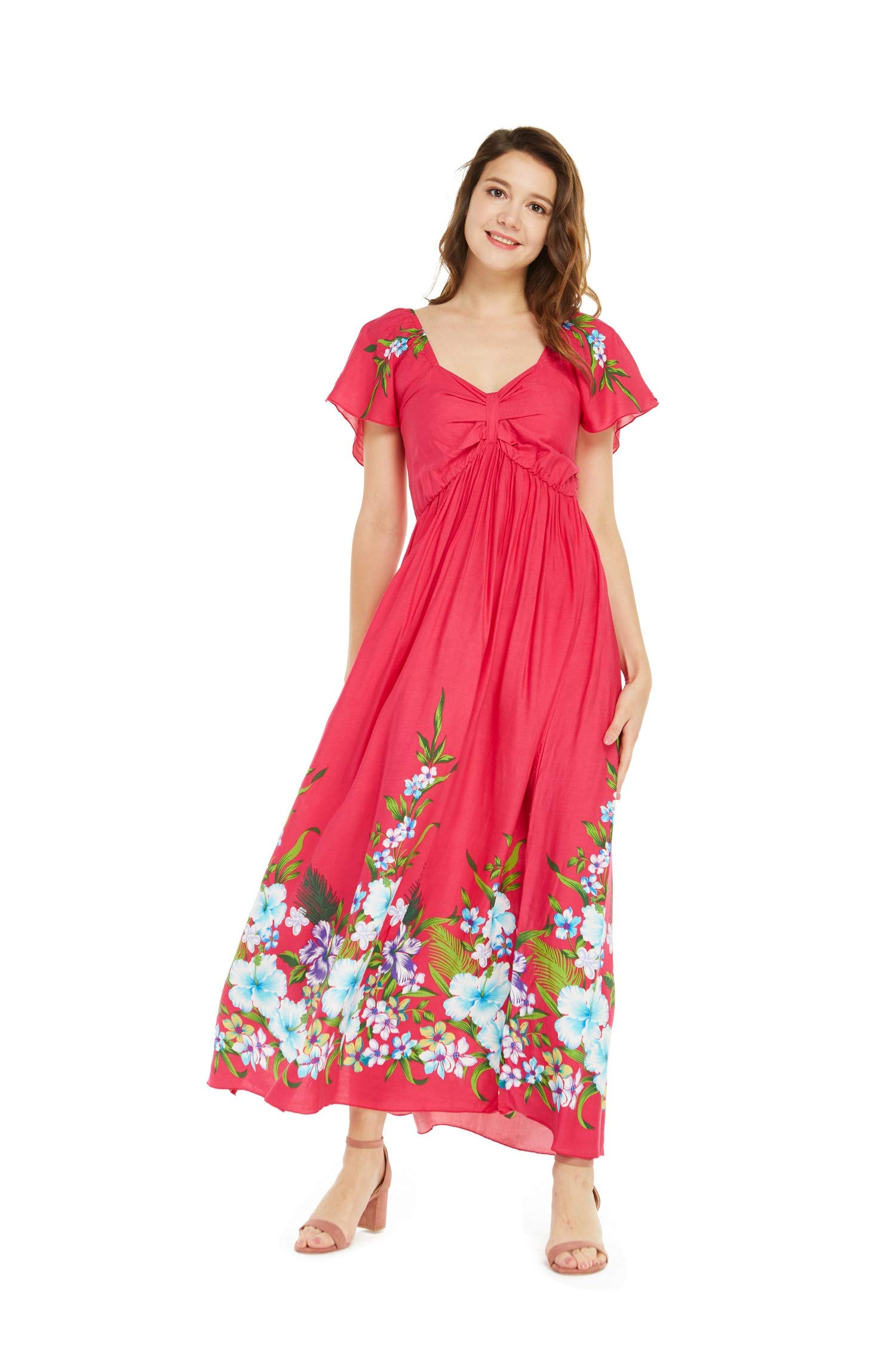 Women's Floral Hawaiian Maxi Dress with Ruffle Sleeves - Tropical Beach Vacation, Summer Party & Boho Chic Outfit