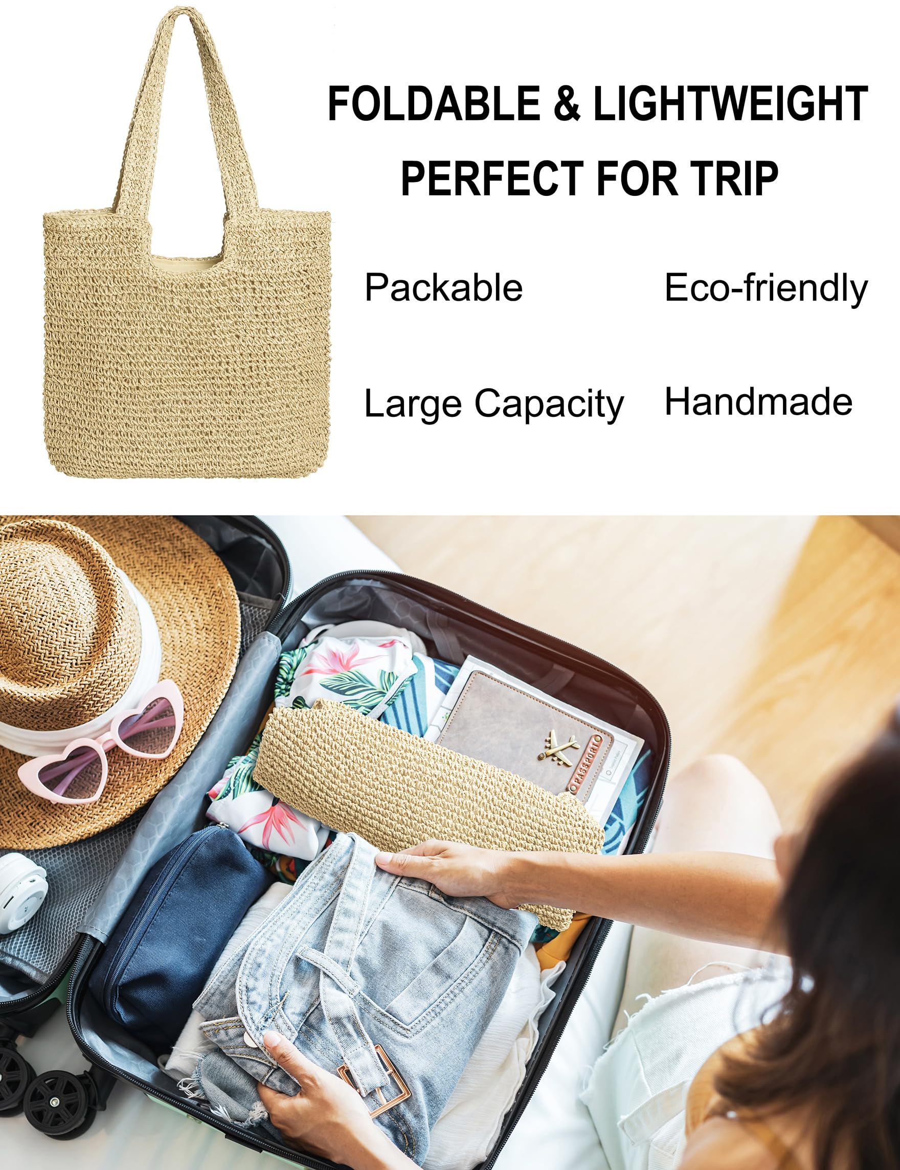 Women's Woven Straw Beach Tote Bag - Large Capacity Summer Shoulder Bag for Vacation, Travel & Shopping - Natural Beige
