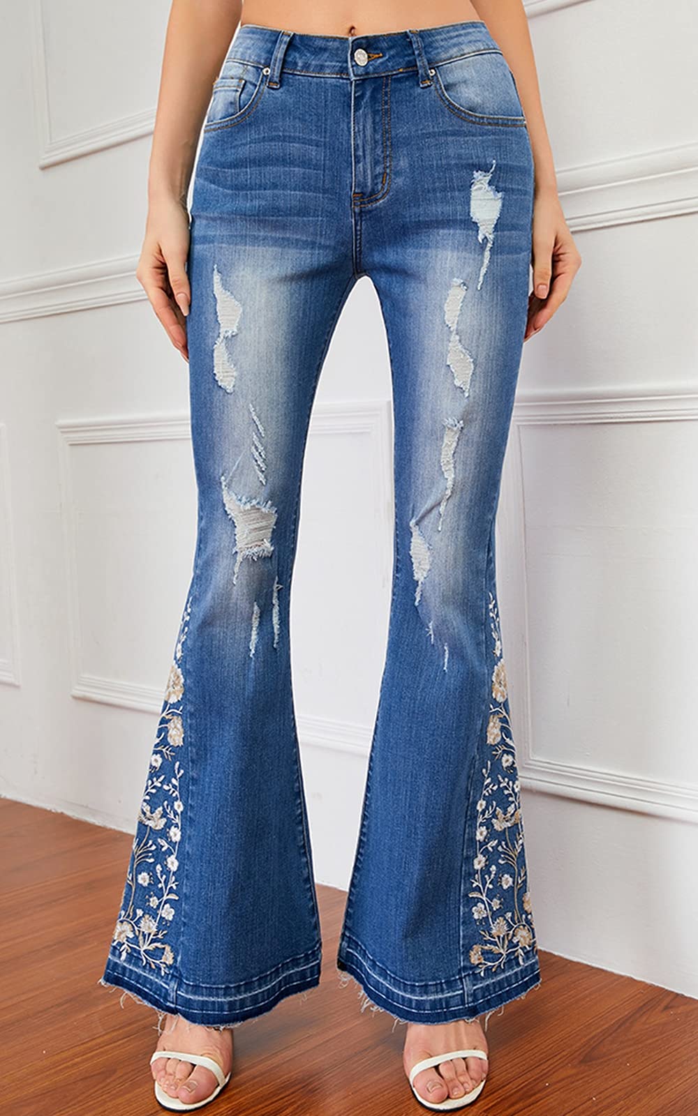 Women's Classic Ripped Flare Jeans - Mid Rise Distressed Embroidered Stretch Bell Bottom Pants for Casual Outfits & Vintage Style