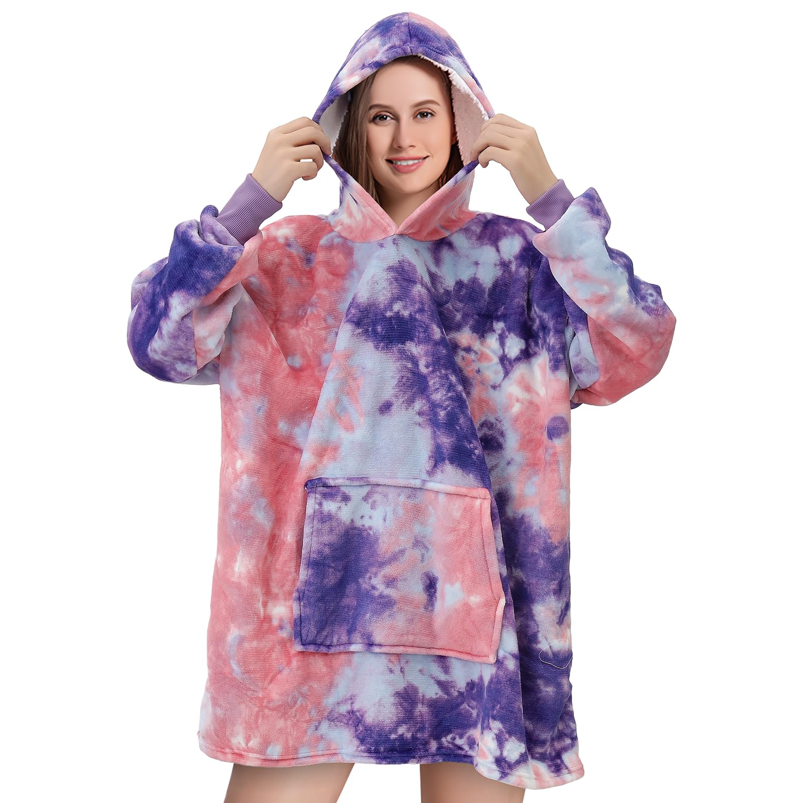 BTGGG Oversized Hoodie Blanket - Tie-Dyed Wearable Blanket with Sleeves & Pocket - Soft Sherpa Fleece Hooded Sweatshirt for Women & Men - Cozy Loungewear for Home, Camping & Outdoor Activities - Purple