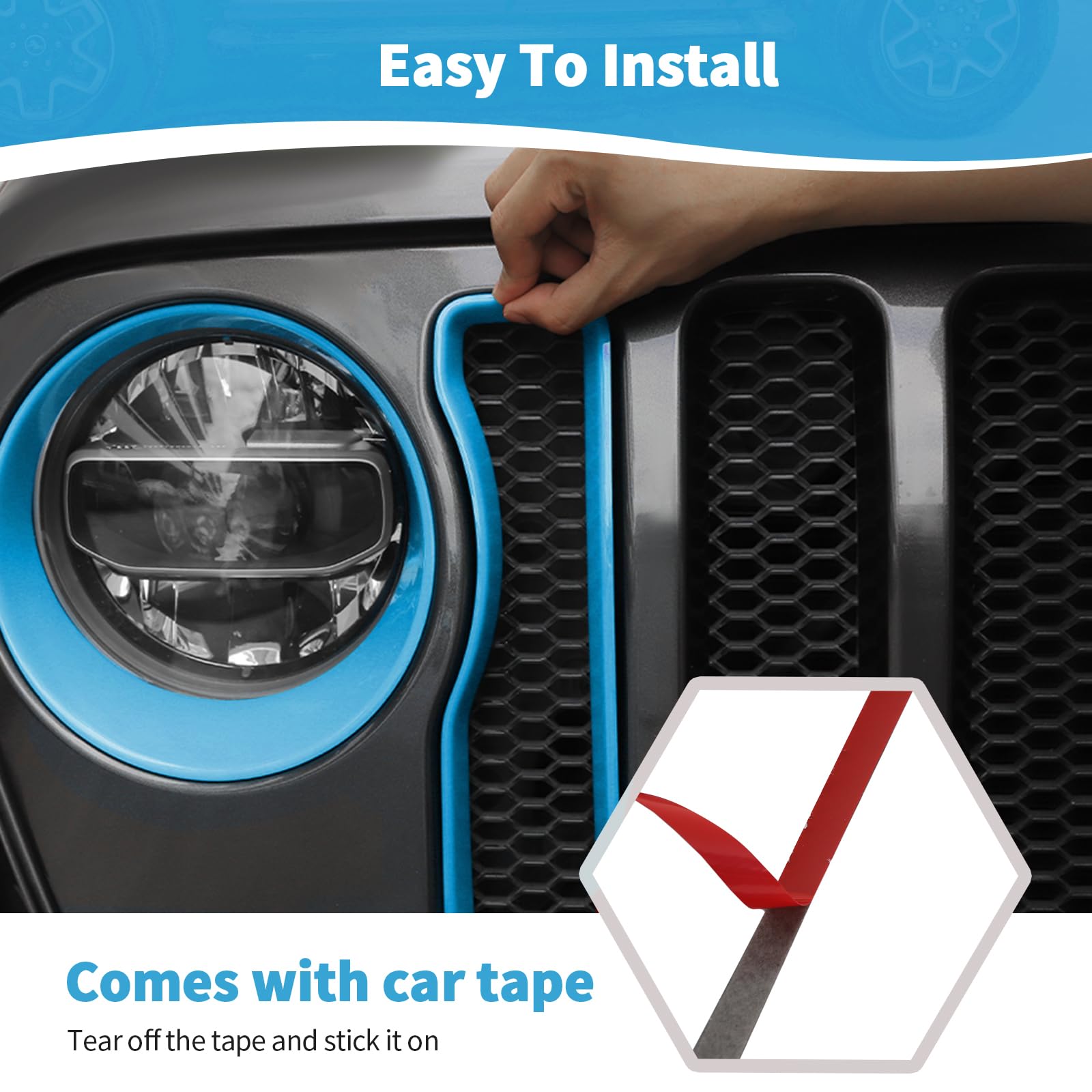 RT-TCZ Mesh Front Grille Grill Insert & Headlight Cover Trim for Jeep Wrangler JL/JLU (2018-2022) - Baby Blue Exterior Accessories (9-Piece Set) | Off-Road Protection & Custom Styling Upgrade