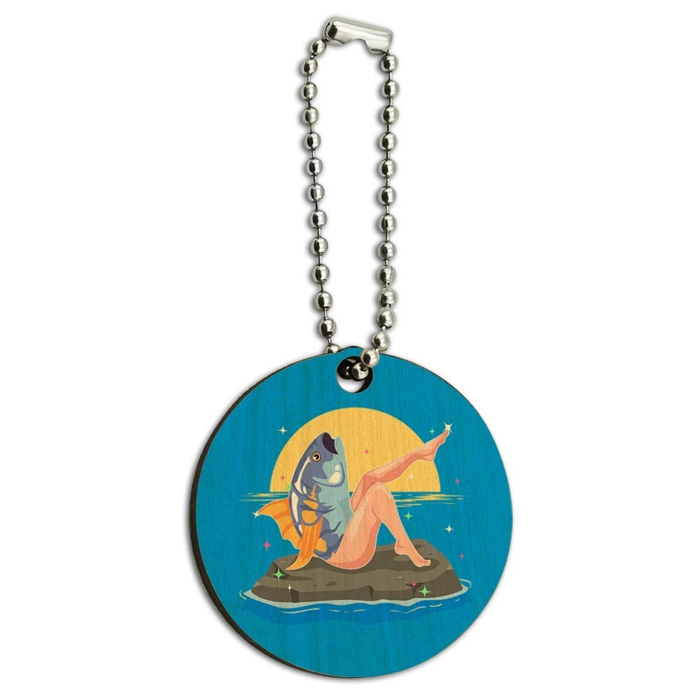Unique Reverse Mermaid with Tuna Head Wooden Keychain - Handcrafted Round Key Ring for Fantasy Lovers, Perfect for Gifts, Cosplay & Beach Accessories
