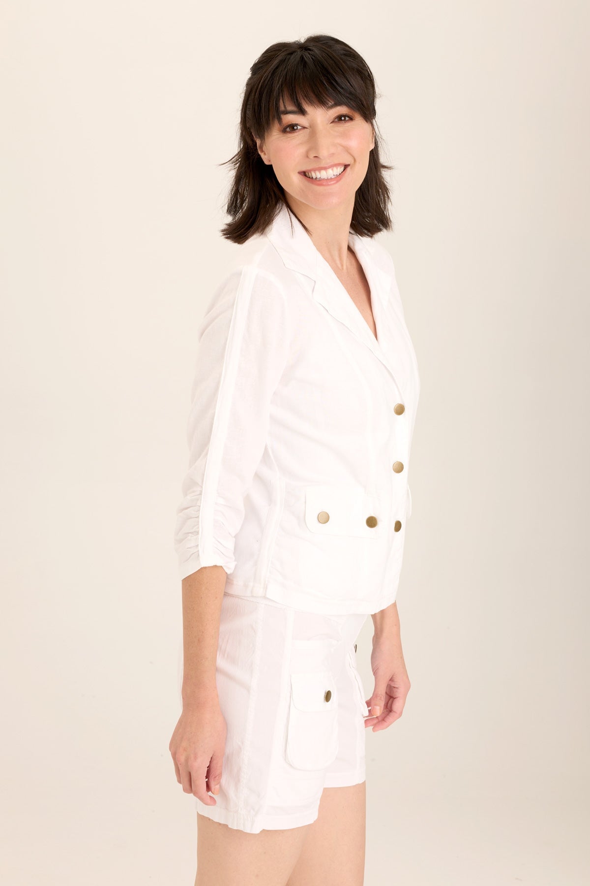 Stylish Linen Stretch Blazer with 4 Pockets & Shirred Details - Perfect for Office Wear, Business Casual & Spring Outfits