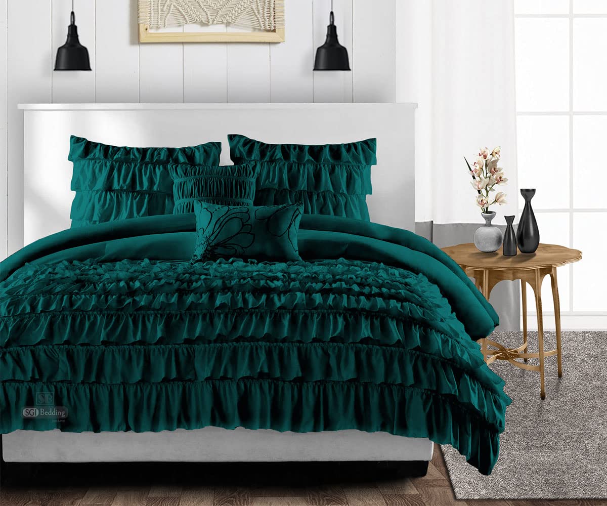 Luxury Oversized King Comforter Set - 300 GSM Plush Siliconized Microfiber Fill with 1000 TC Egyptian Cotton Shell, Teal Ruffled Duvet Insert & Matching Pillowcases | Ultra Soft Bedding for Master Bedroom, Guest Room & Hotel Style Decor
