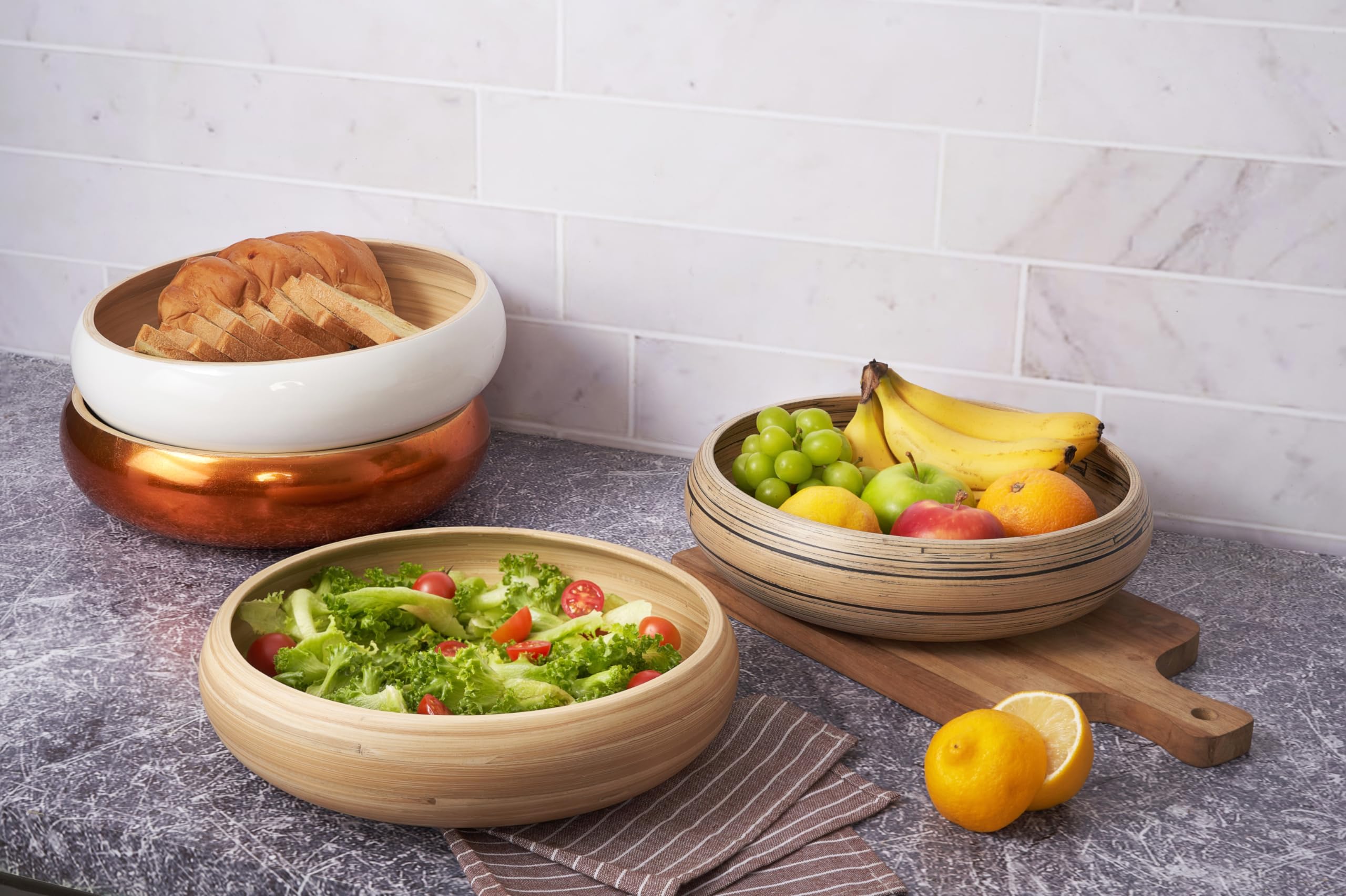 12 Inch Large Round LEXA Bamboo Fruit Bowl - Handcrafted Artisan Lacquered Wooden Serving Bowl for Kitchen Counter, Candy, Fruits & Home Decor (Black) | Perfect for Entertaining, Dining Room Centerpiece & Farmhouse Style Kitchen Accessories