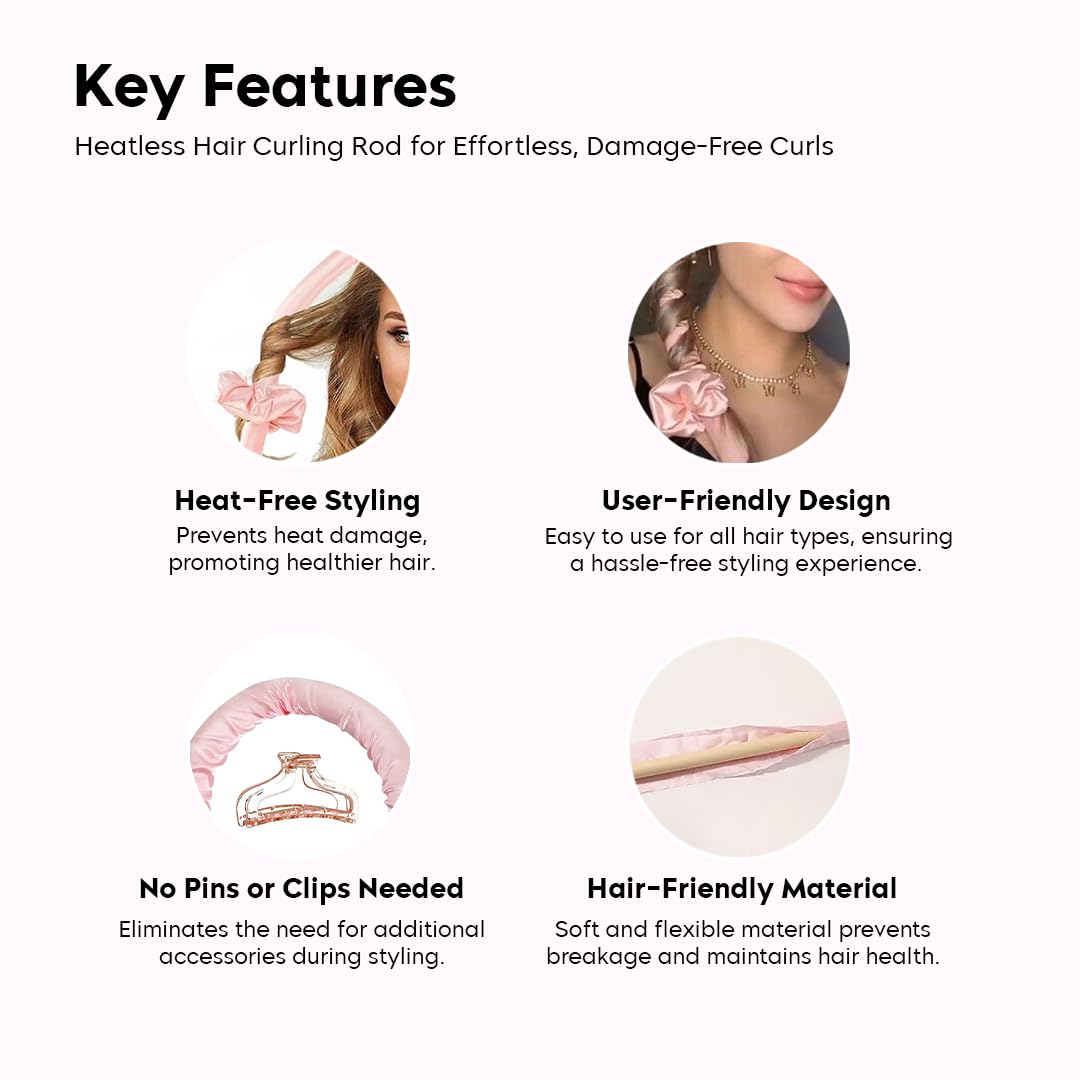 Heatless Curling Rod Headband for Overnight Curls - No Heat Silk Ribbon Hair Roller with Claw Clip - DIY Hair Styling Tool for Women & Girls (Pink) - Perfect for Sleep, Travel & Damage-Free Curls