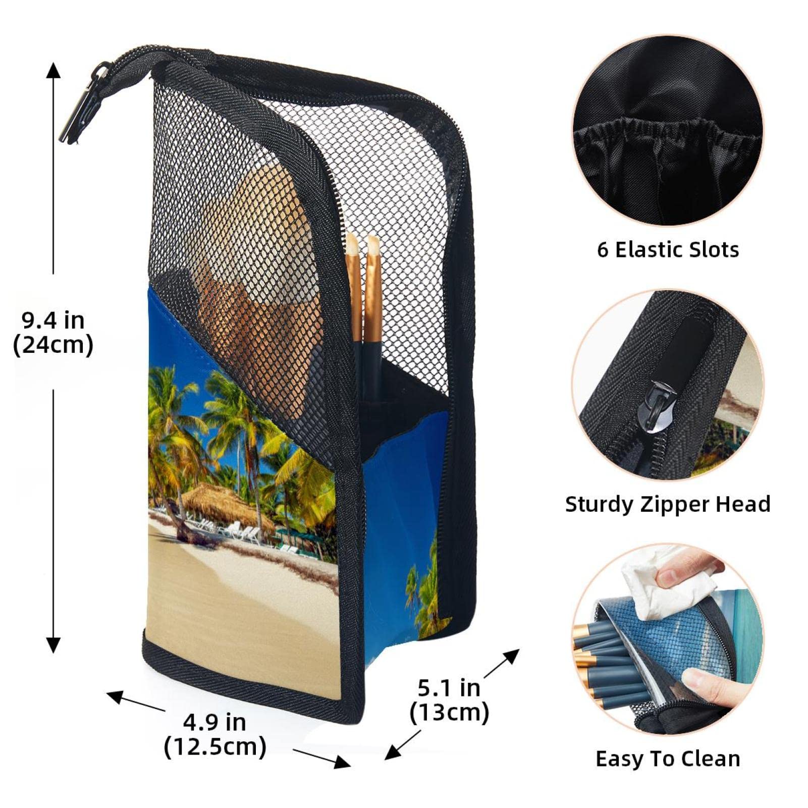 Premium 12-Piece Makeup Brush Organizer Bag with Tropical Beach Design - Portable Waterproof Cosmetic Brush Holder Case for Travel, Home & Professional Makeup Artists