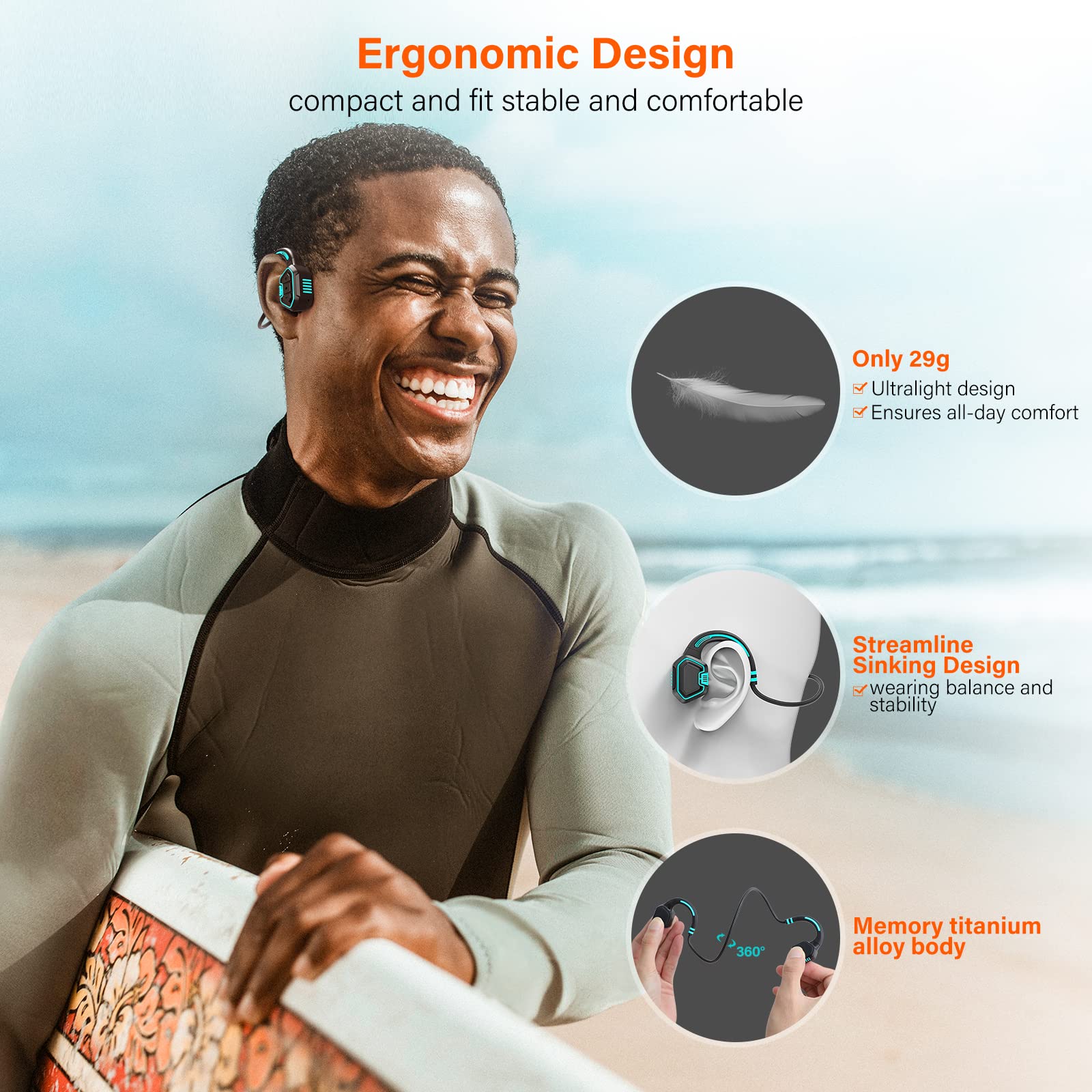 Wireless Bone Conduction Headphones IP68 Waterproof - Bluetooth 5.0 Open Ear Headphones with 32GB MP3 Player for Swimming, Running, Cycling & Workout - Sweatproof Sports Headset (Blue) | Perfect for Pool, Gym & Outdoor Activities