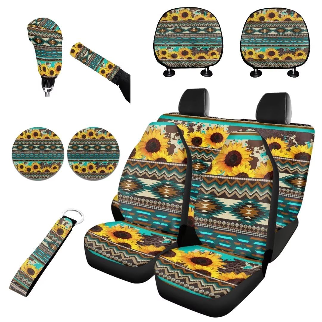 Western Aztec Car Seat Cover Set - 11pcs with Key Holder & Protectors for Travel