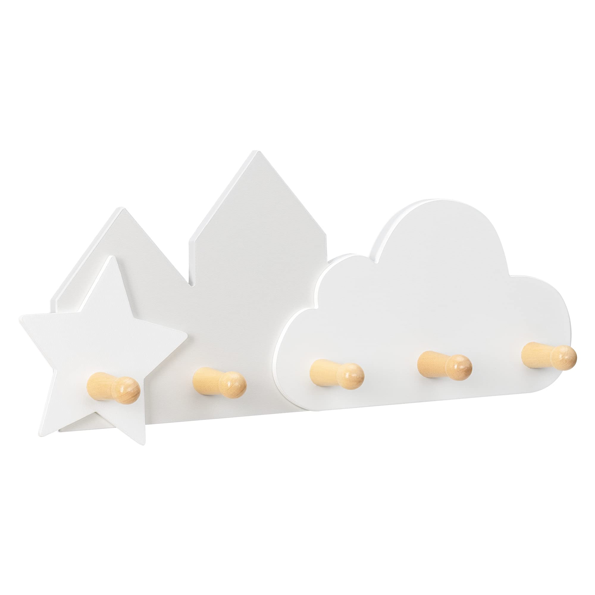Navaris Kids Wall Mounted Coat Rooks - 5-Hook Wooden Coat Rack for Boys & Girls Bedroom, Nursery - Cloud & Star Design MDF Wall Decor - Perfect for Organizing Jackets, Hats & Backpacks in Children's Rooms