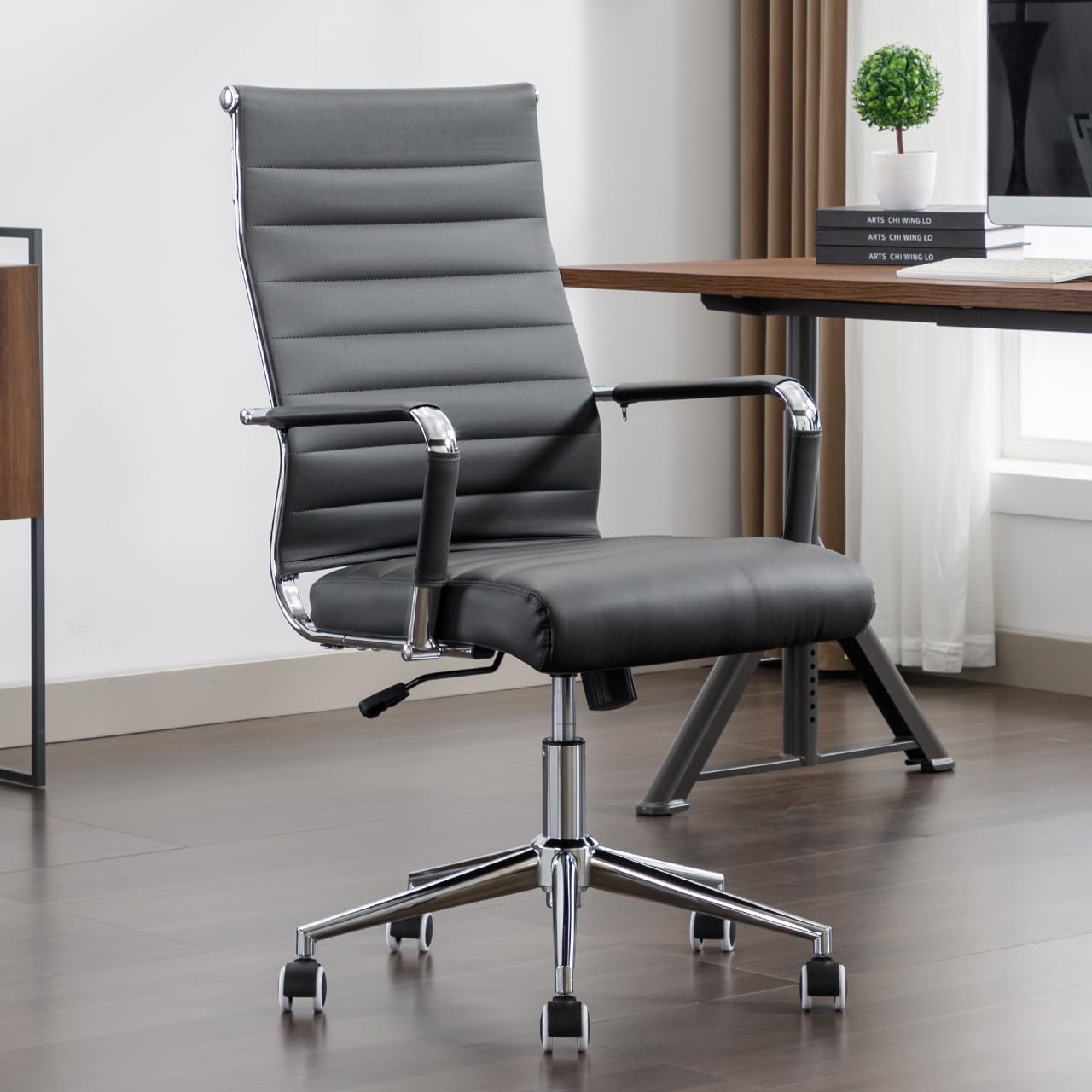 Ergonomic Leather Office Desk Chair with Wheels - Modern Executive Ribbed Computer Chair for Conference Room & Home Office (Grey) - Perfect for Long Work Hours & Professional Workspaces