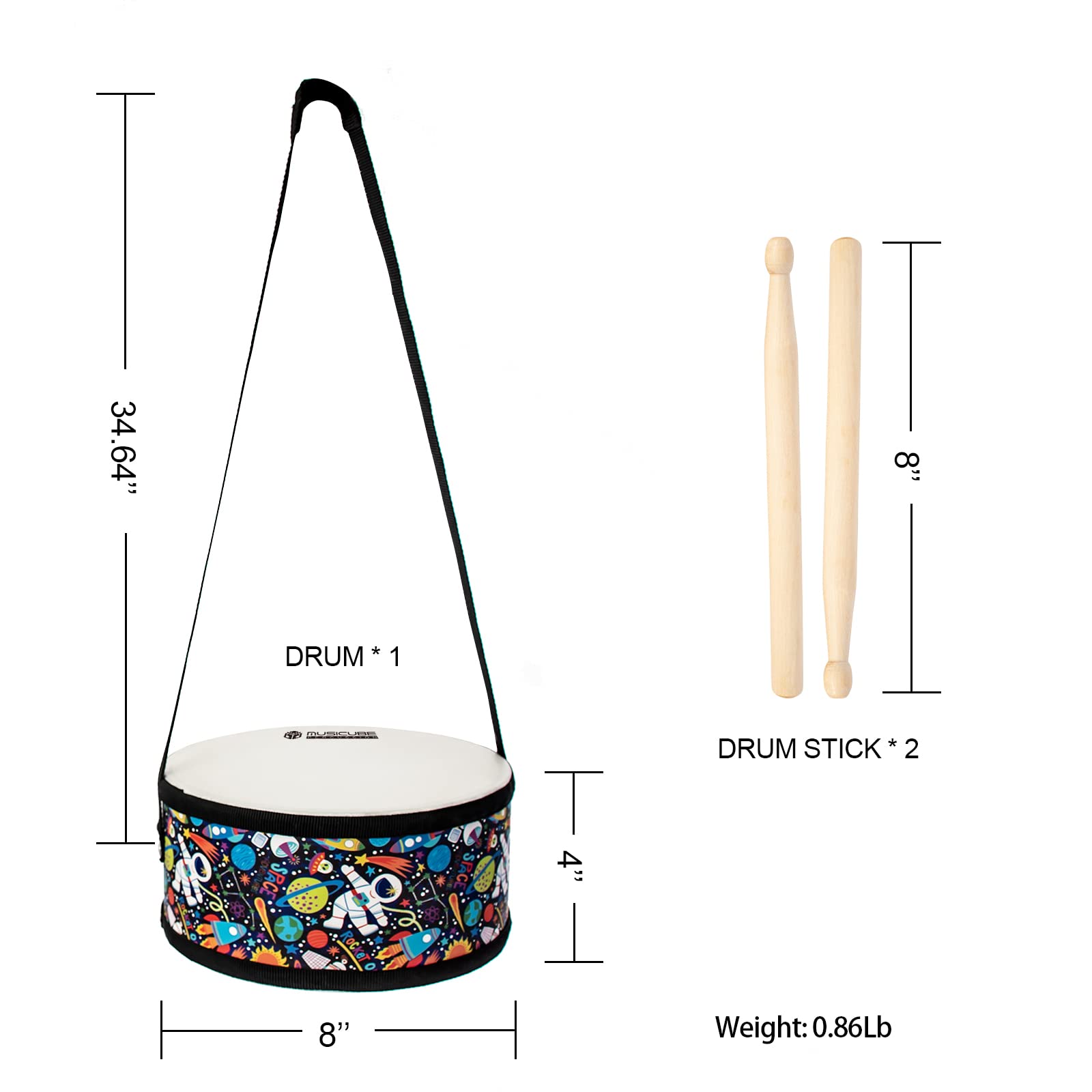 **MUSICUBE 8-Inch Wooden Kids Drum Set with Adjustable Strap & 2 Drumsticks - Educational Musical Toy for Toddlers, Boys & Girls - Sensory Instrument for Early Learning - Perfect Gift for Birthdays & Playtime**