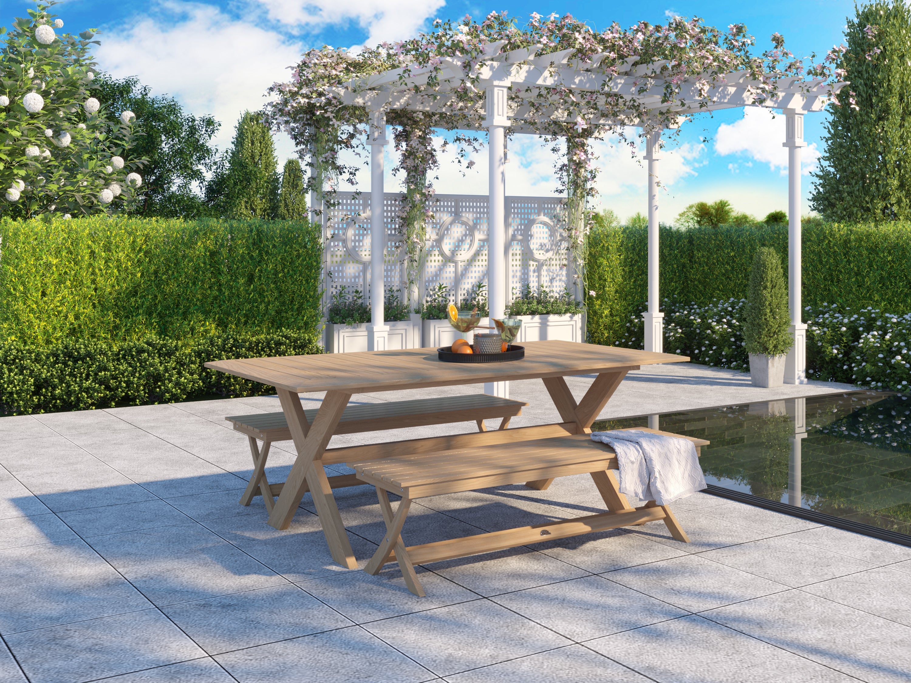 Jacques 3-Person Teak Wood Outdoor Bench - Weather-Resistant Garden Patio Seating for Backyard, Poolside & Deck
