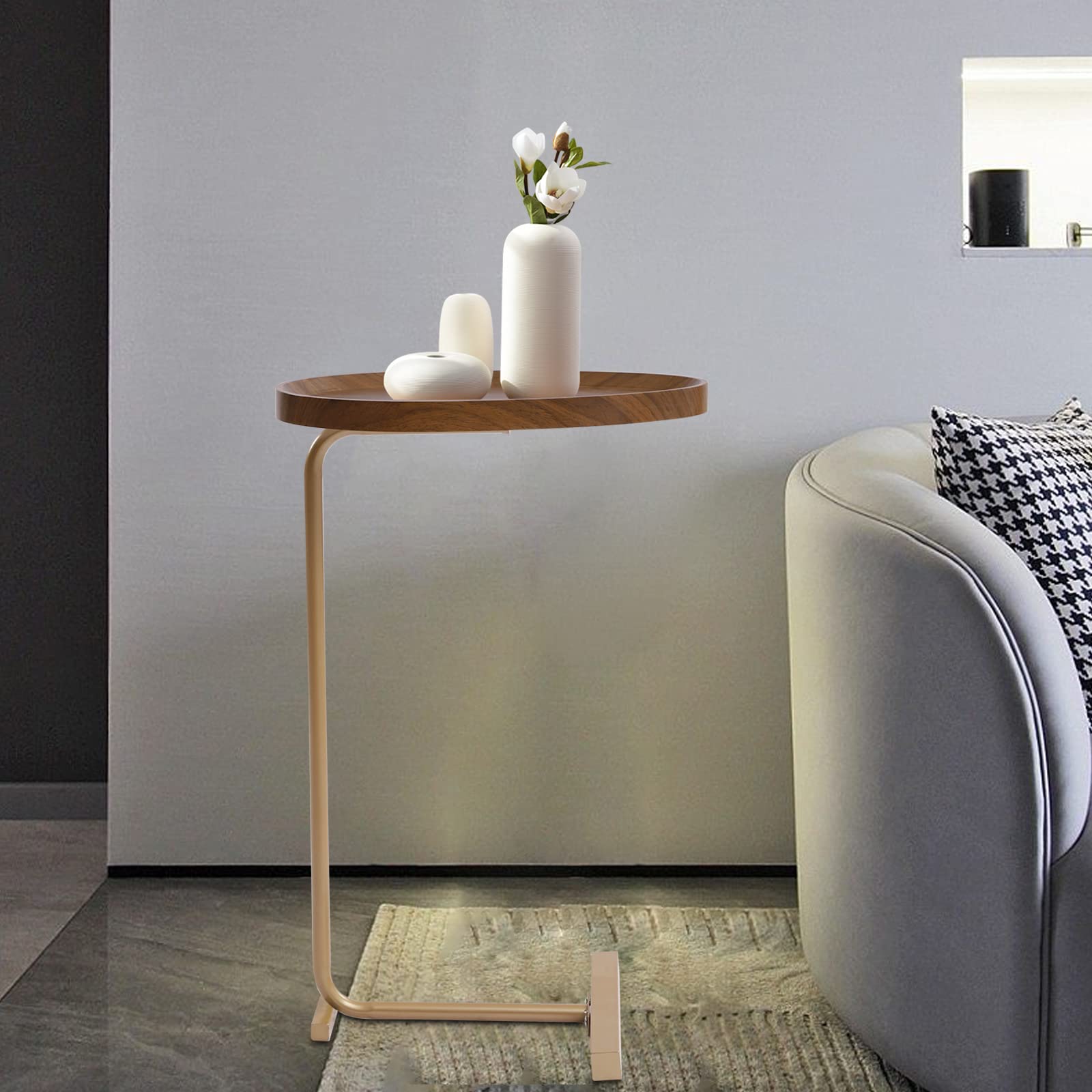 C-Shaped End Table with Gold & Walnut Finish - Freestanding Coffee Couch Desk for Laptop, Bedroom, Living Room & Office - Compact Side Table for Small Spaces, Sofa Snacking & Workspace Convenience