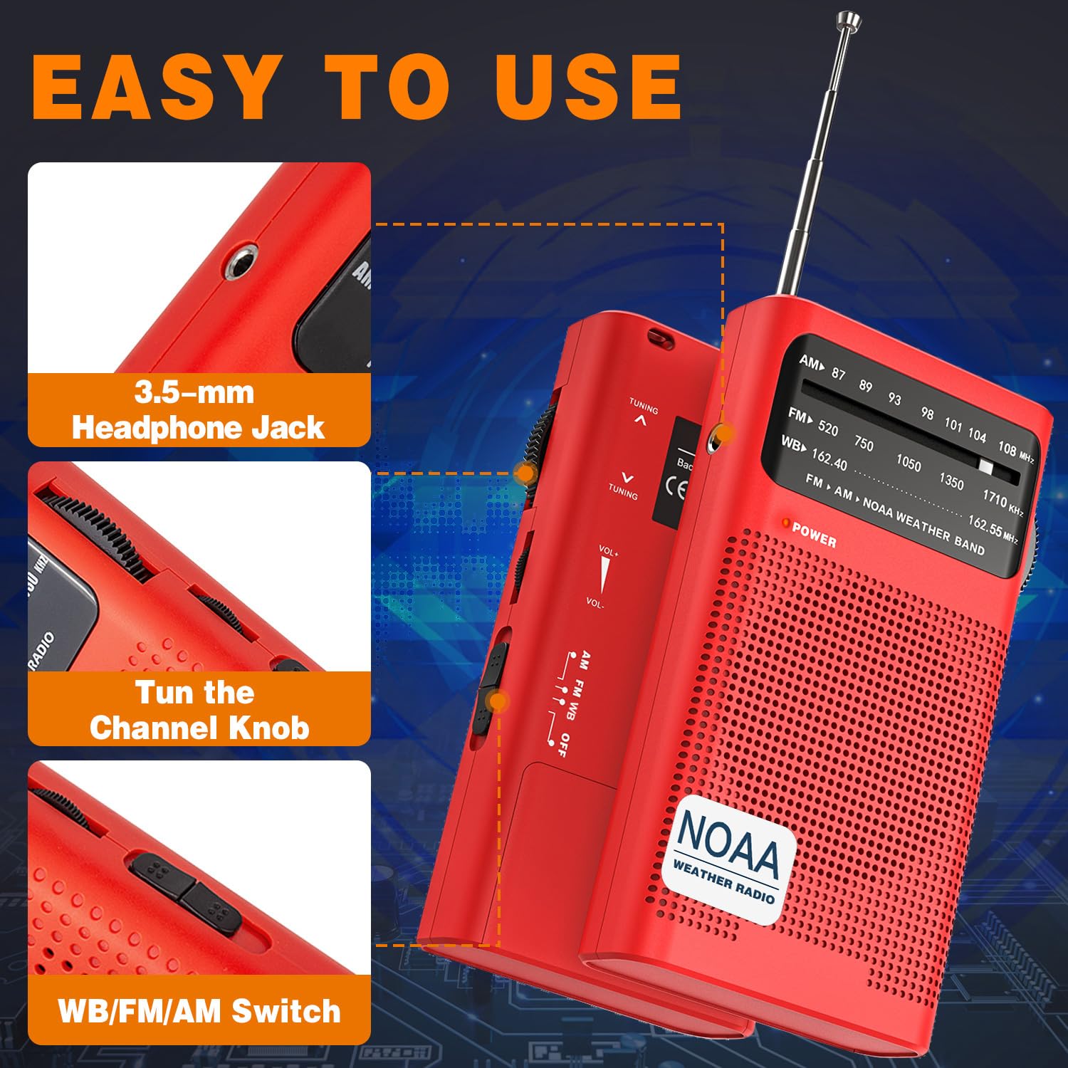 NOAA Weather Radio with Best Reception - AM/FM Portable Emergency Radio with Loud Speaker, Transistor Antenna & Headphone Jack | Battery Powered (2 AA) | Ideal for Home, Outdoor Camping, Hiking, Storms & Emergency Preparedness - Red