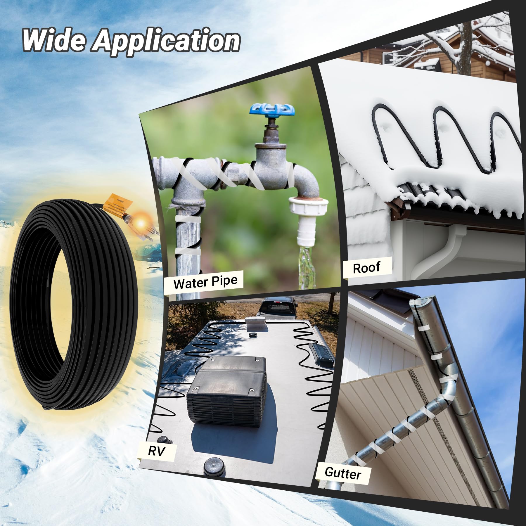 Self-Regulating Heat Tape for Roof and Gutters - 150FT, 8 Watts/ft Roof Heating Cable with 60PCS Clips & Spacers, LED Plug - Prevent Ice Dams & Pipe Freeze - Ideal for Winter Roof Protection, Gutter Heating, and Snow Melting