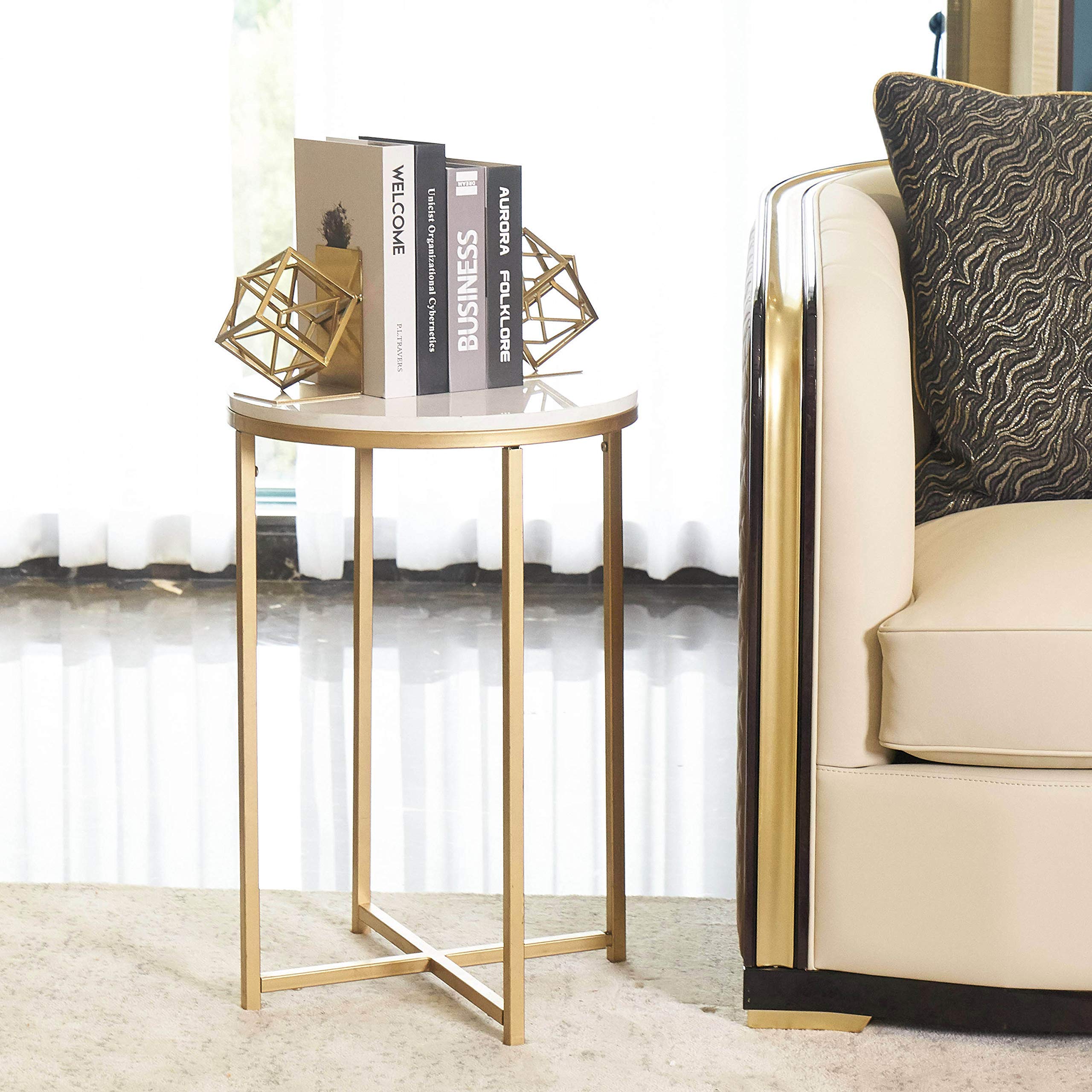 Modern Round Side Table with Marble Top & Gold Metal Base - 15.75