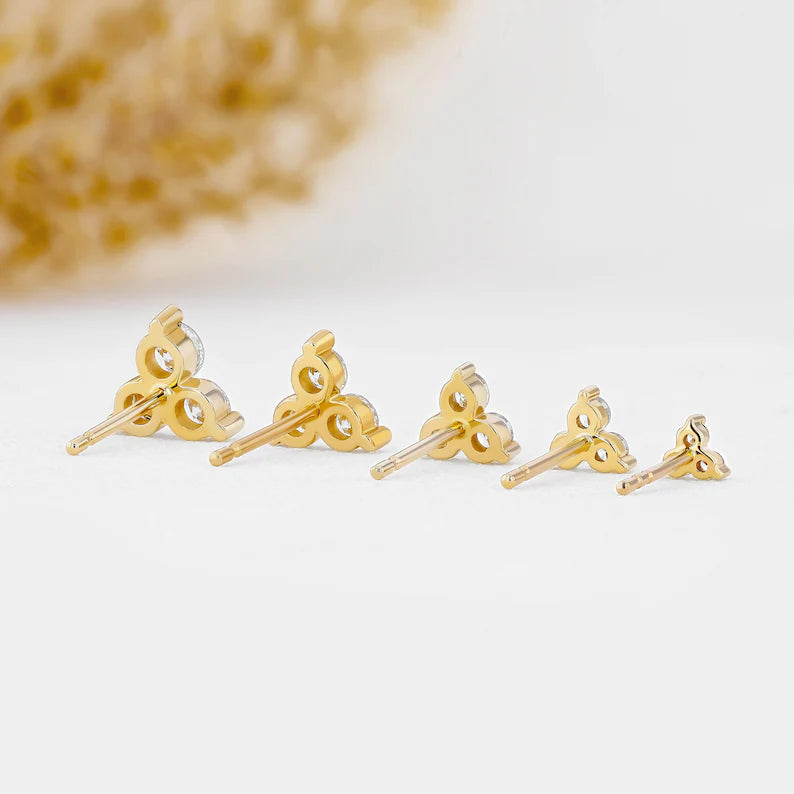 3 Stone Trio Triangle Cluster Diamond Stud Earrings (1 Pair) - 14K White Gold Dainty Earrings for Women, Gift for Her - Perfect for Weddings, Anniversaries & Special Occasions