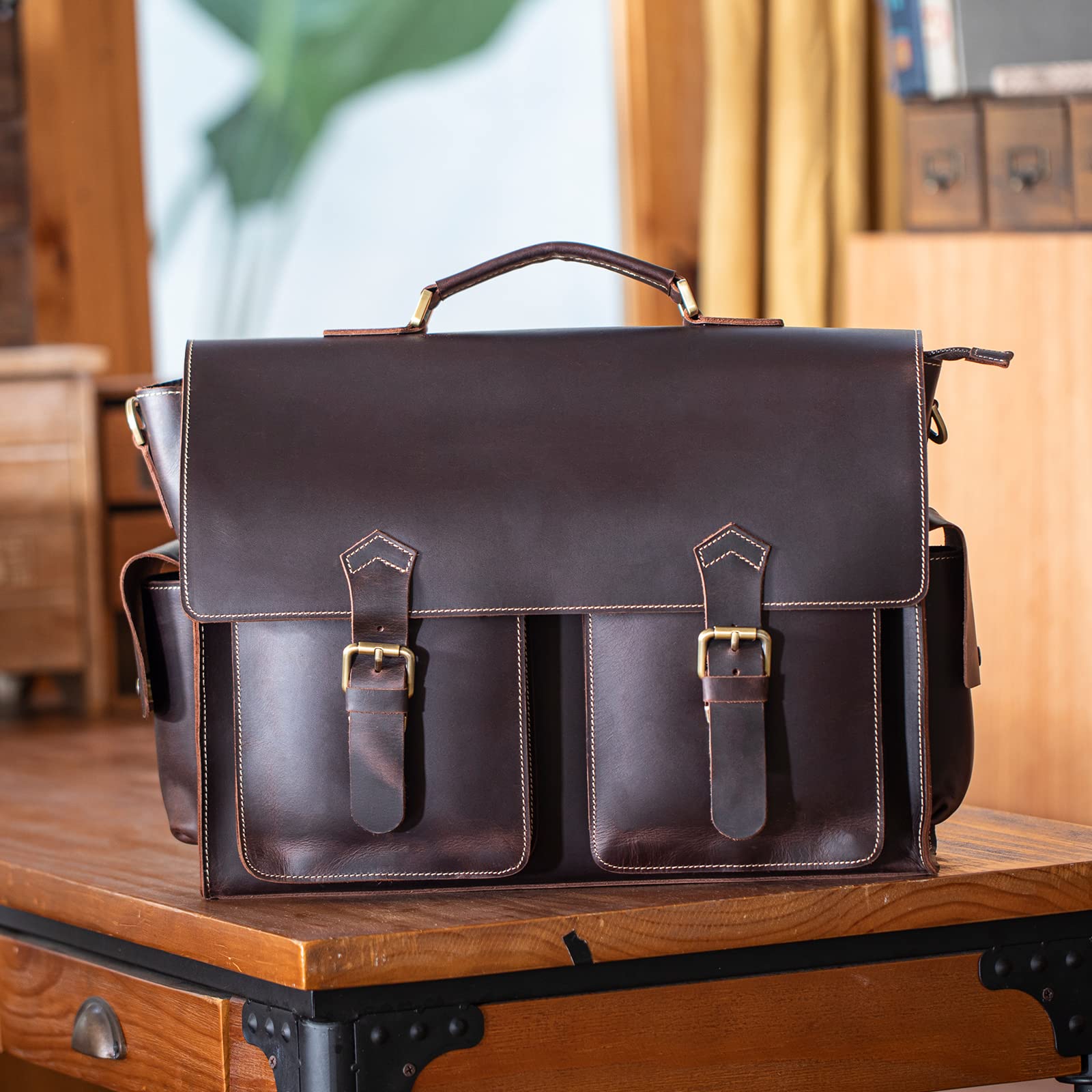Premium Men's Full Grain Leather Laptop Briefcase - Professional Business Messenger Bag with YKK Metal Zippers - Ideal for Office, Work & Business Travel Accessories